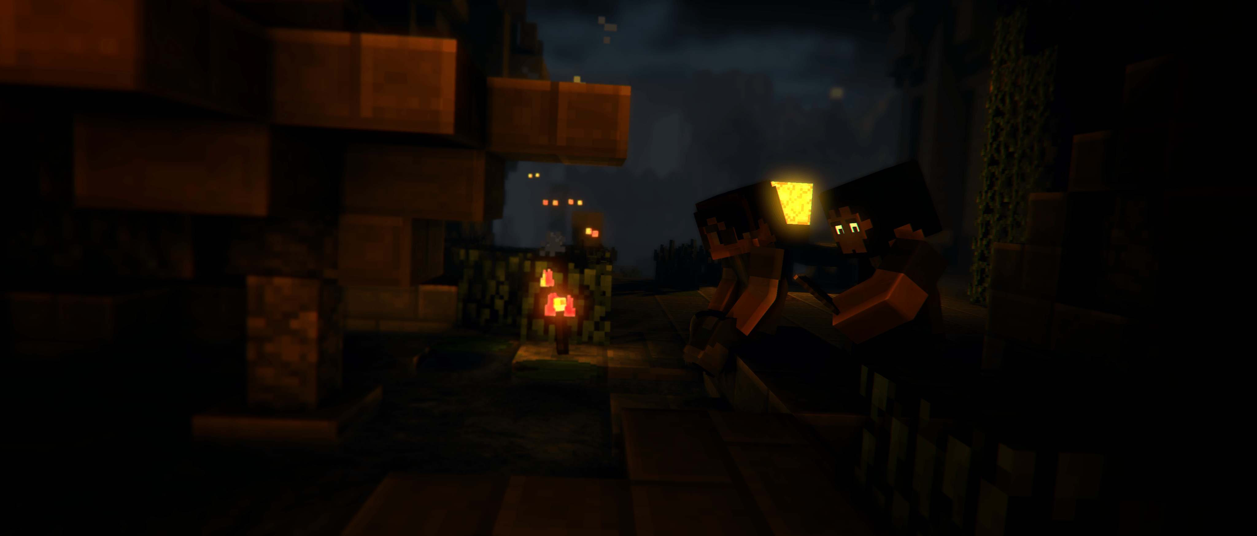 Rovine Minecraft di notte, 4096x1747 Panoramico, Dual Screen