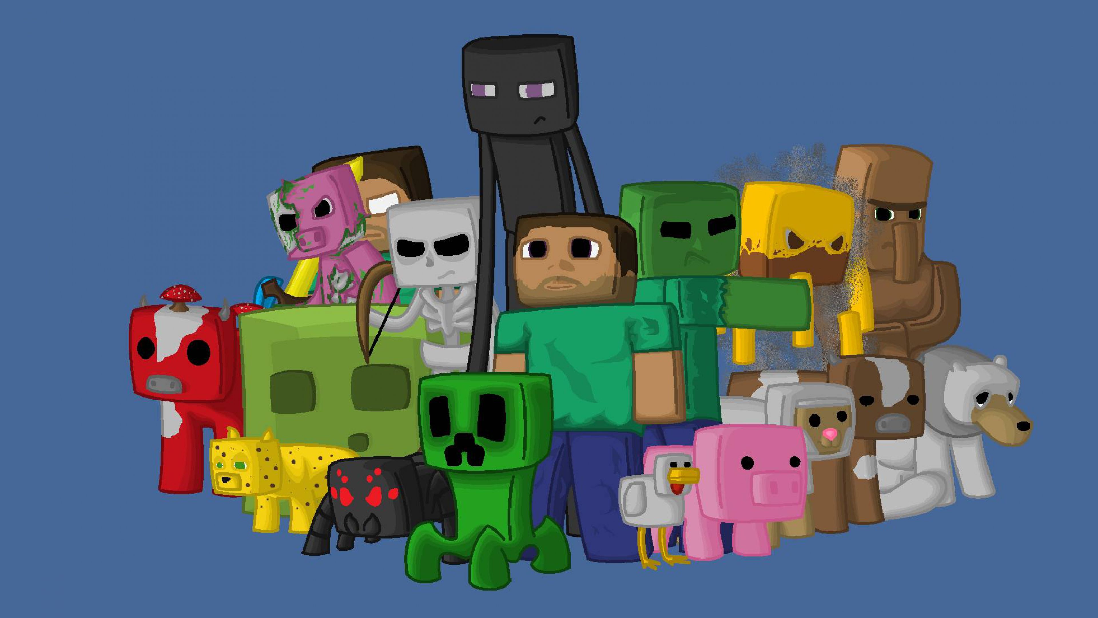 Personaggi Minecraft sfondo blu, 3840x2160 Ultra HD, Monitor 4K
