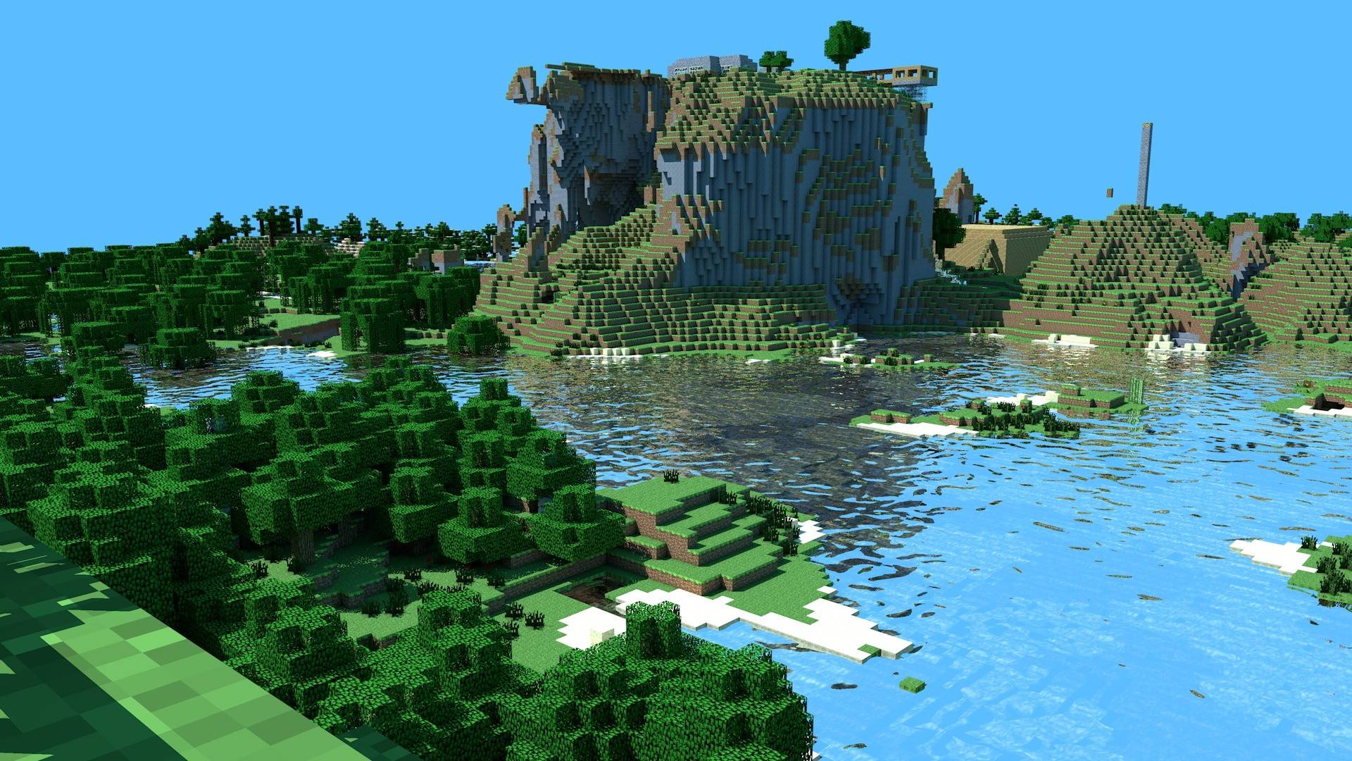 Paesaggio Minecraft con montagna e lago, gioco sandbox, 1920x1080 Full HD 1080p, Desktop