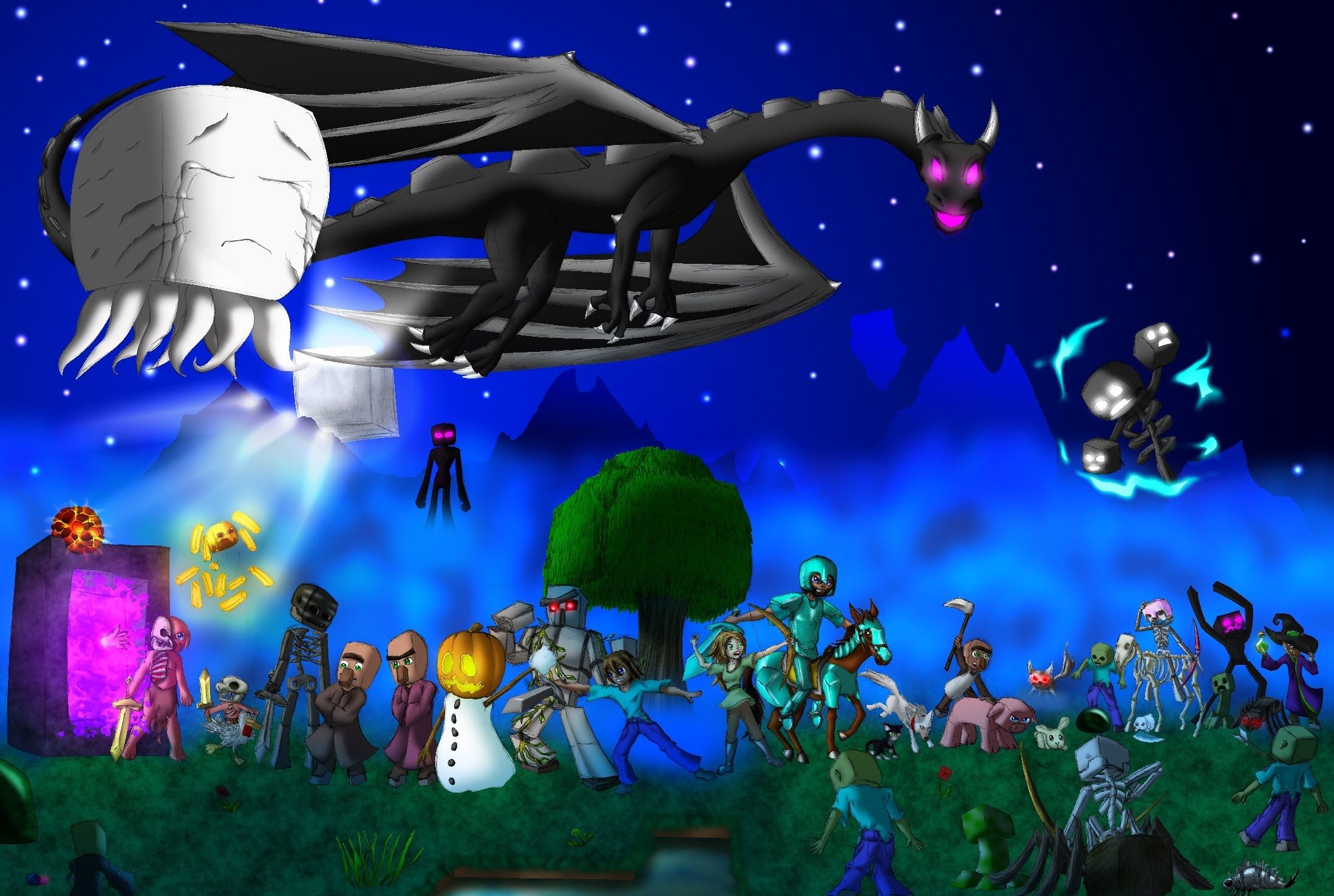 Minecraft draghetto e personaggi notte, 2197x1477 alta risoluzione, PC Desktop