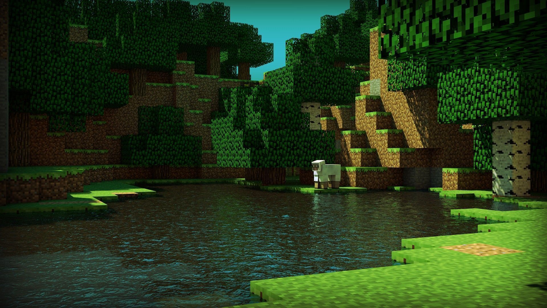 Paesaggio Minecraft foresta e laghetto, 1920x1080 Full HD, Desktop