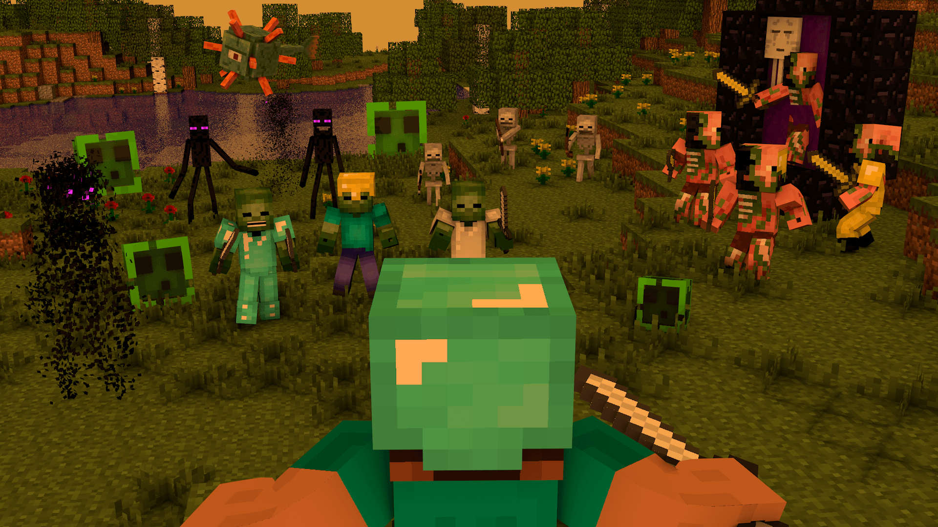 Personaggio Minecraft circondato mostri, 1920x1080 Full HD 1080p, PC
