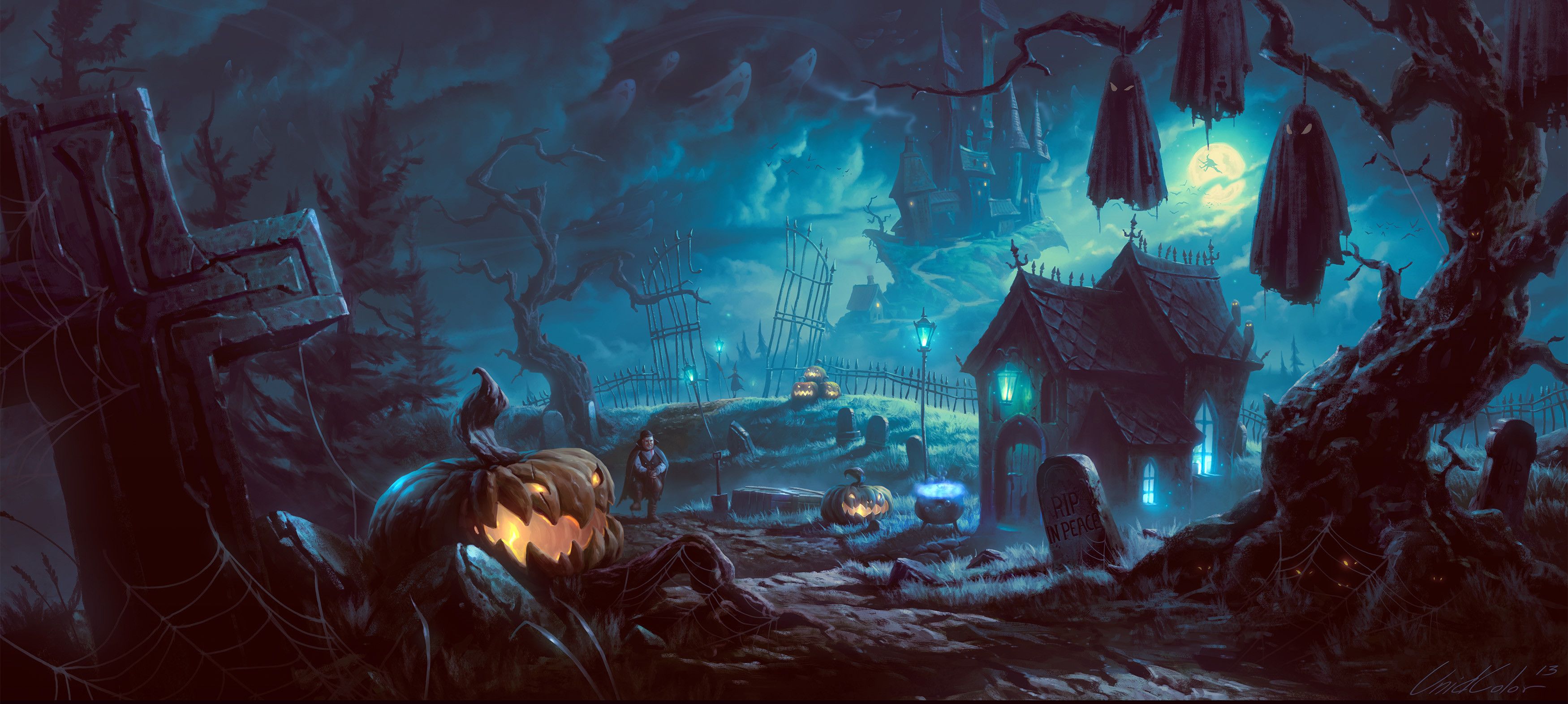 Cimitero Minecraft notte Halloween, Mojang, 3500x1571 Panoramico, Dual Screen