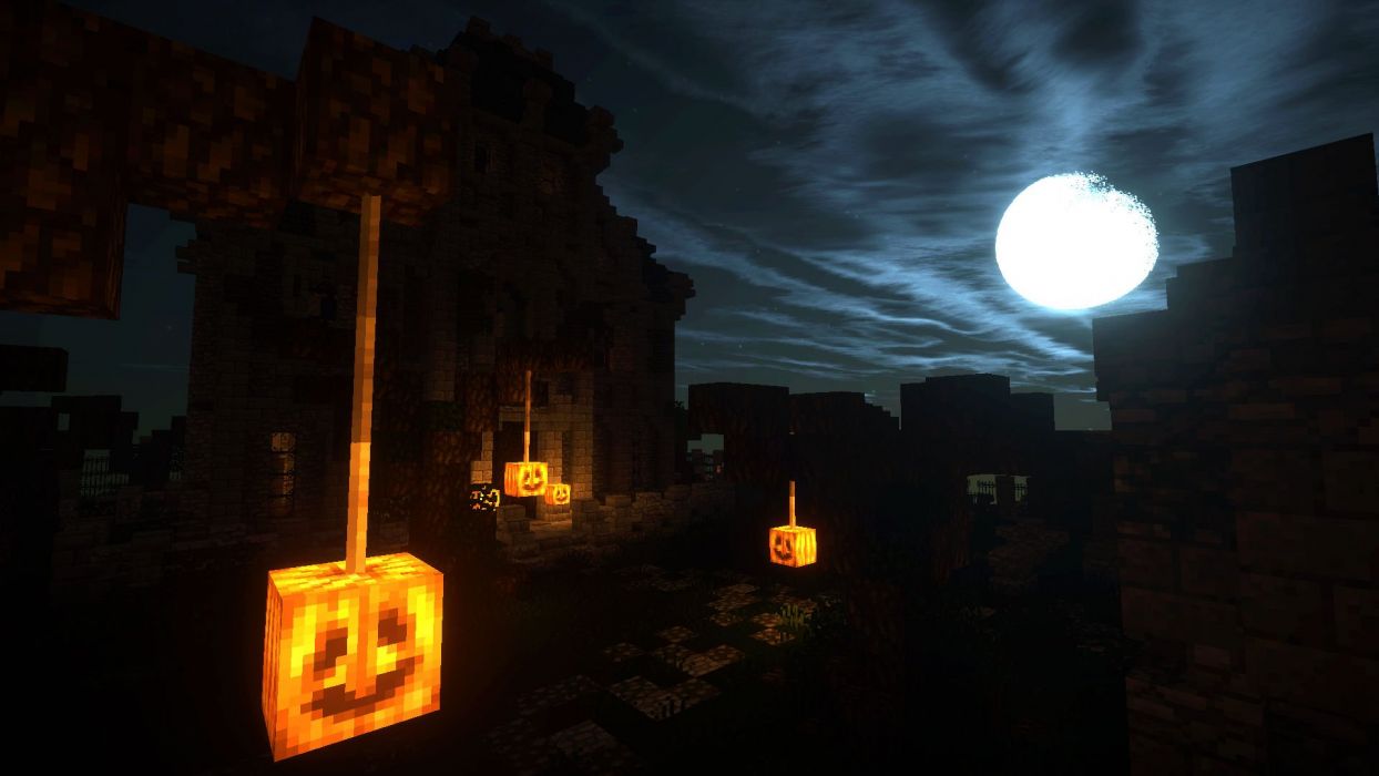 Zucche di Halloween Minecraft notturne, gioco sandbox, 1244x700 HD, Desktop