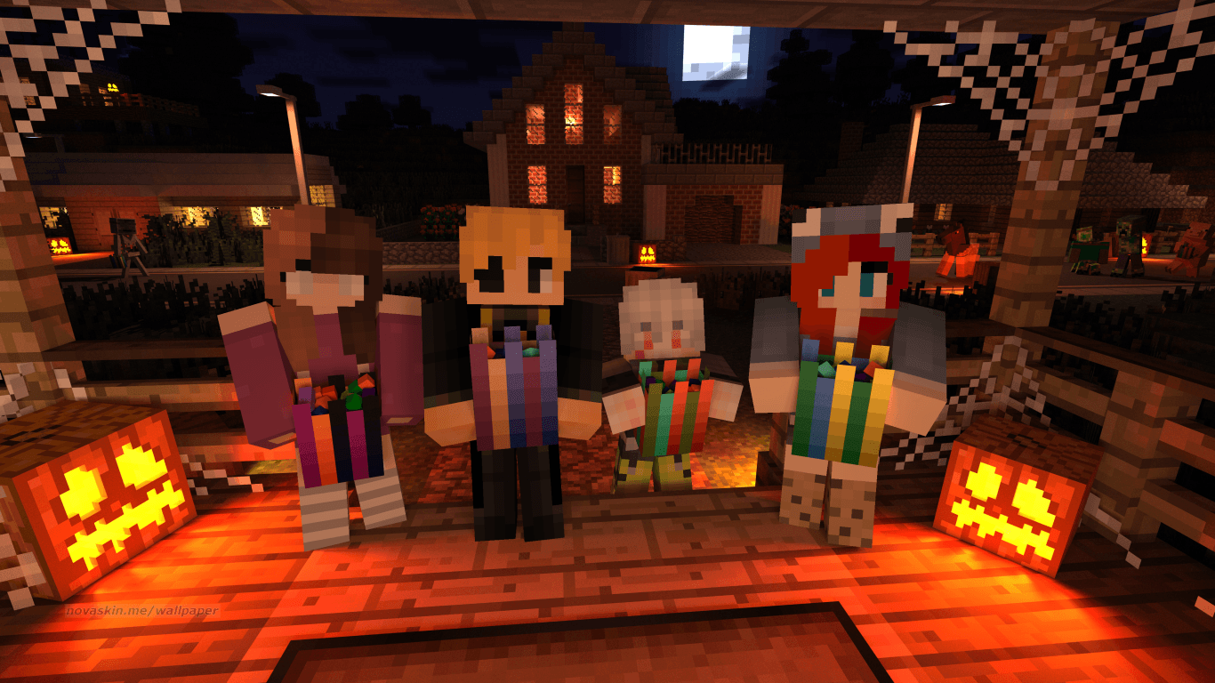Personaggi Minecraft Halloween con zucche, Mojang, 1366x768 720p, PC