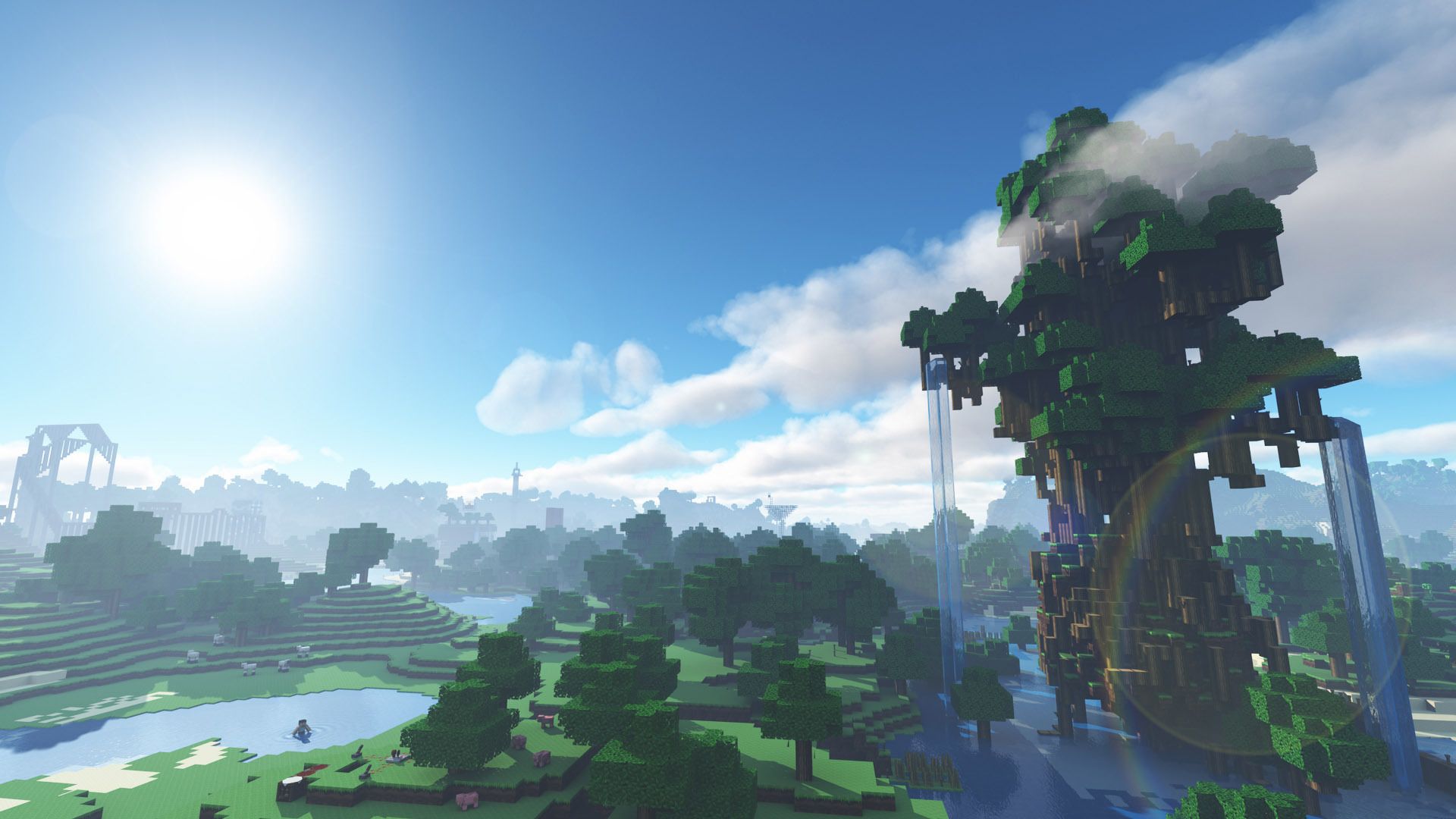 Paesaggio Minecraft con albero gigante, gioco sandbox, 1920x1080 Full HD, Desktop