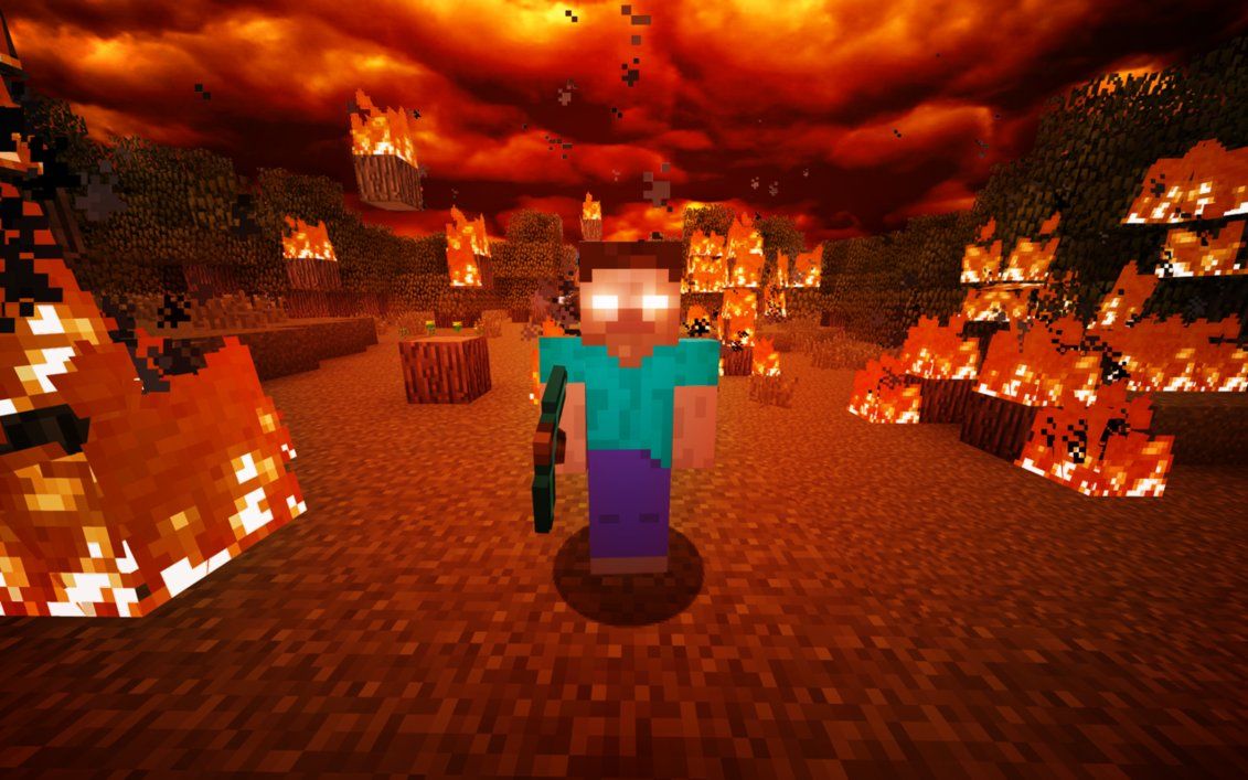 Herobrine Minecraft villaggio in fiamme, gioco sandbox, 1131x707 HD, PC