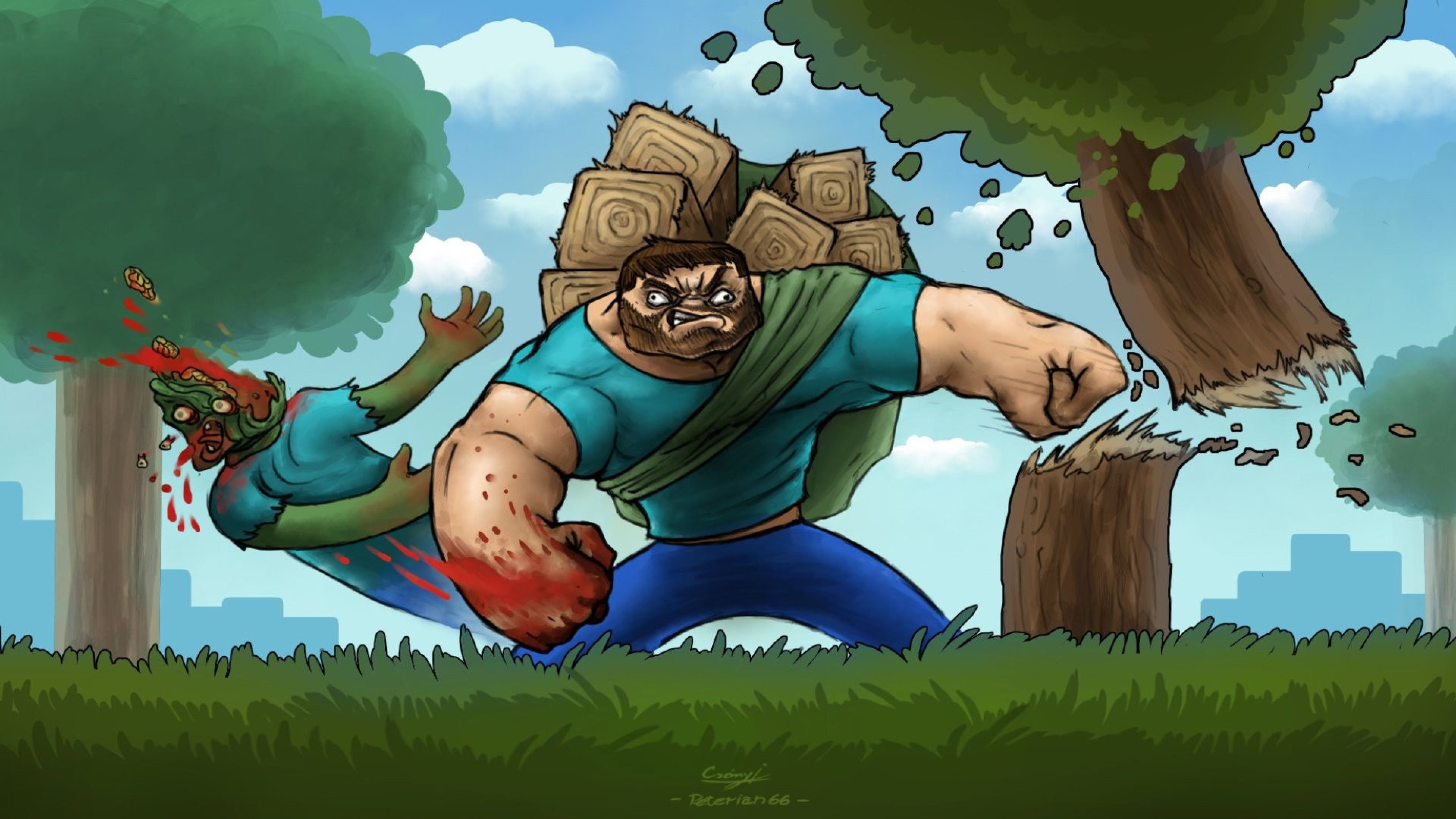 Steve Minecraft colpisce zombie, 3840x2160 UHD, PC 4K