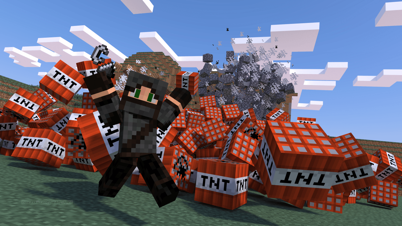 Personaggio Minecraft con esplosioni TNT, 1366x768 HD, Desktop