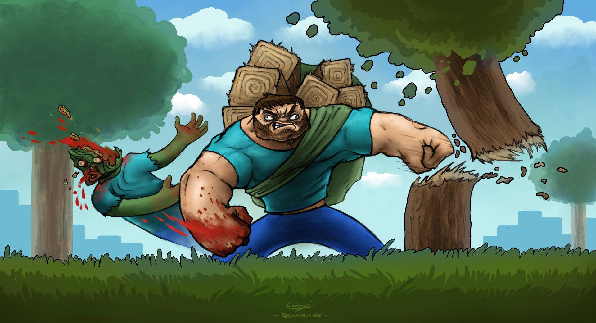 Personaggio Minecraft che colpisce alberi, 1920x1040 Full HD, PC