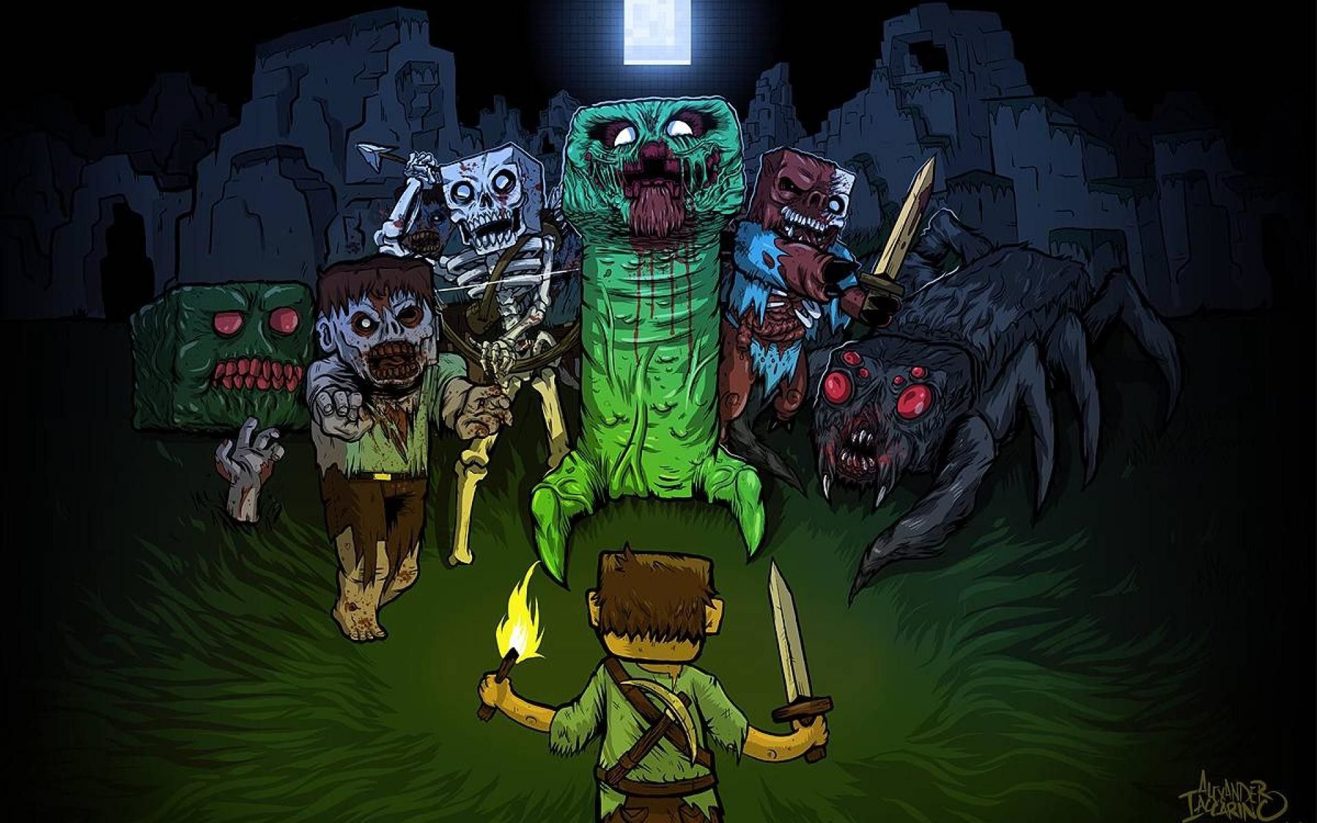 Mostri Minecraft in battaglia notturna, gioco sandbox, 1920x1200 Full HD+, Desktop