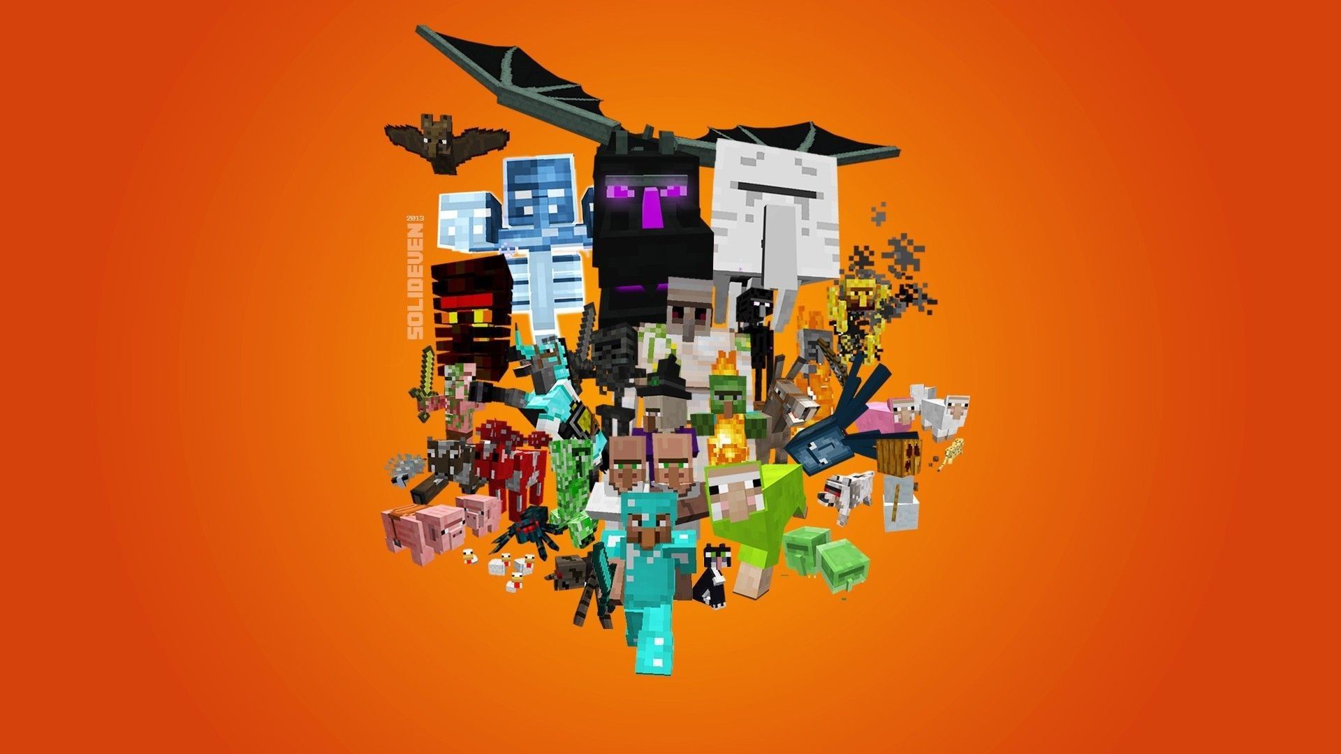 Personaggi e blocchi Minecraft, sfondo arancione, 1920x1080 1080p, Desktop
