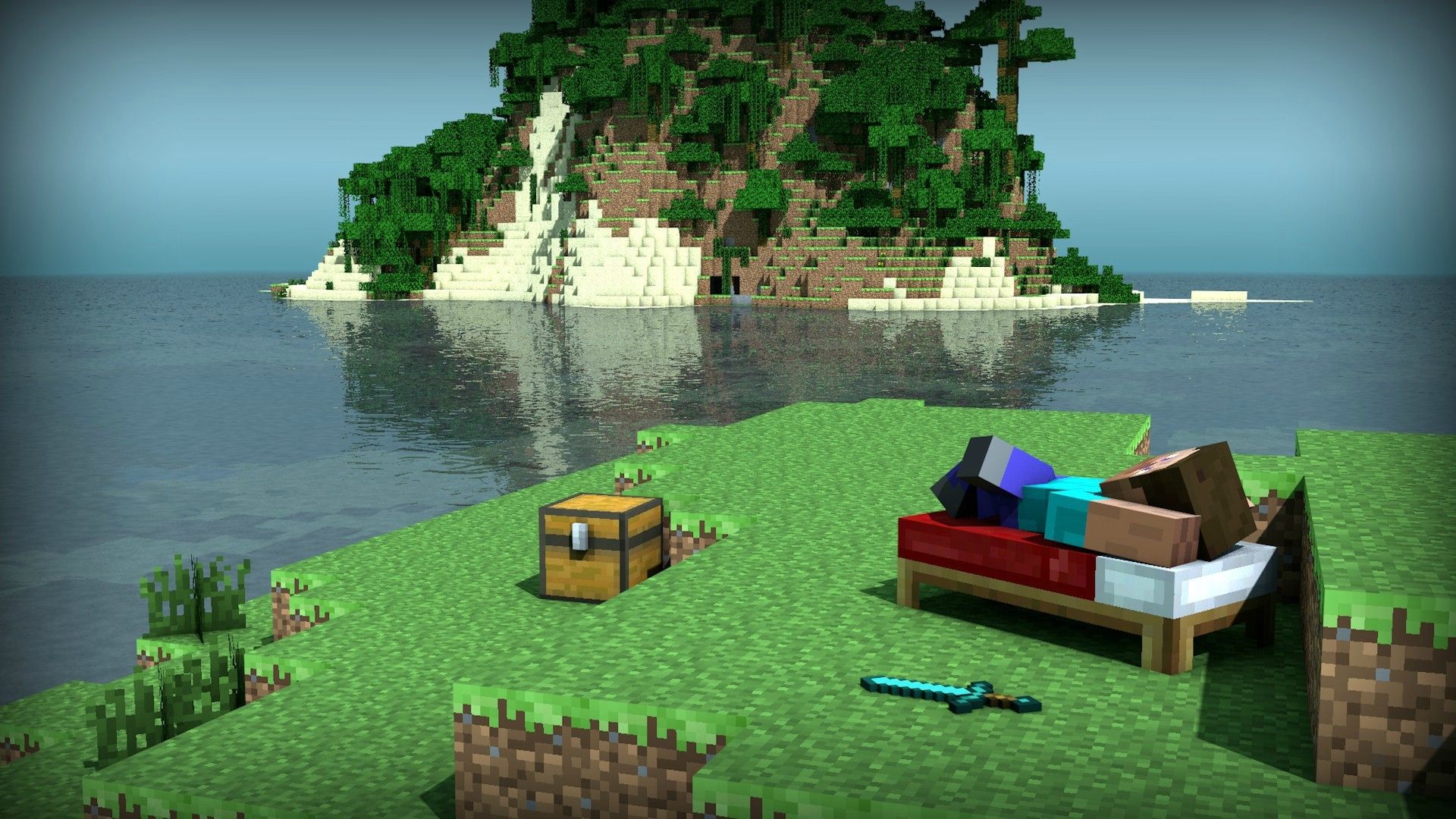 Isola Minecraft con letto e forziere, 1920x1080 Full HD 1080p, PC Desktop
