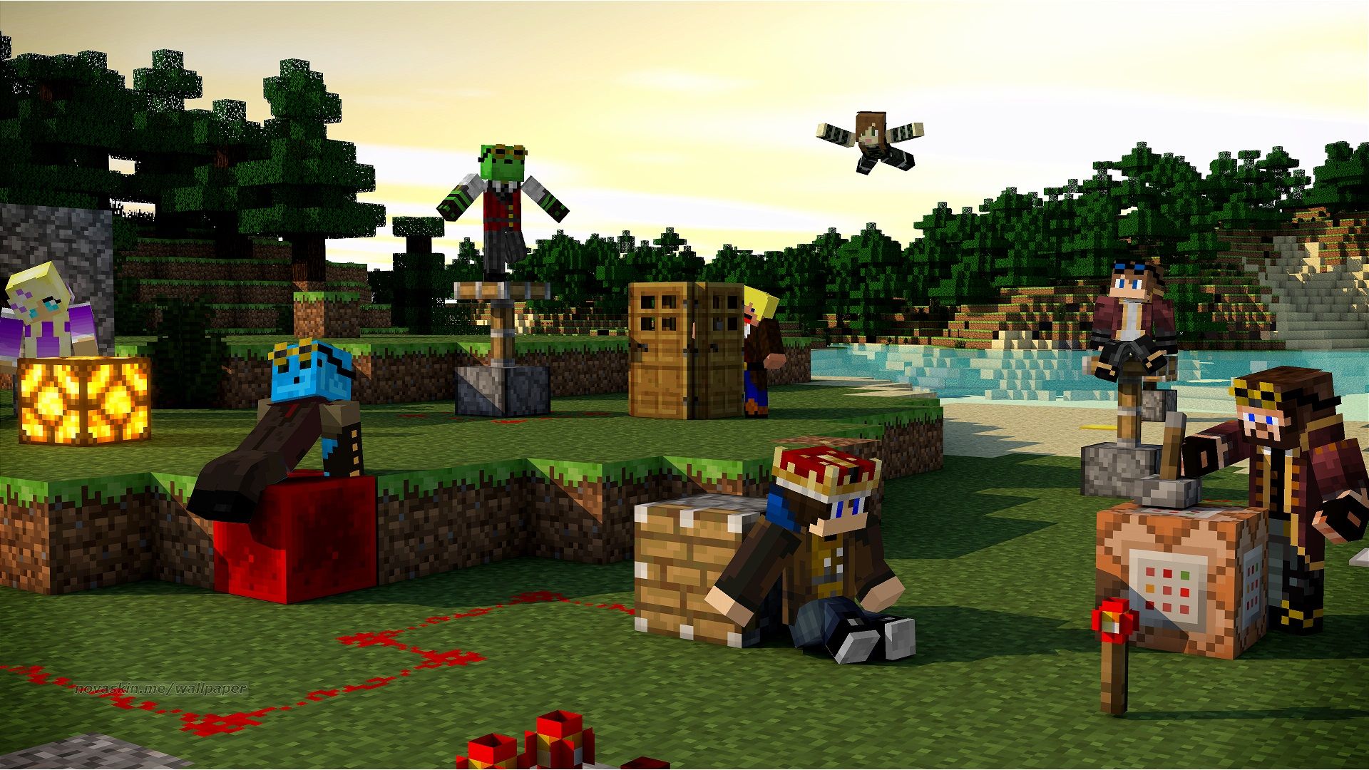 Personaggi Minecraft in paesaggio, Mojang, 1920x1080 Full HD, PC