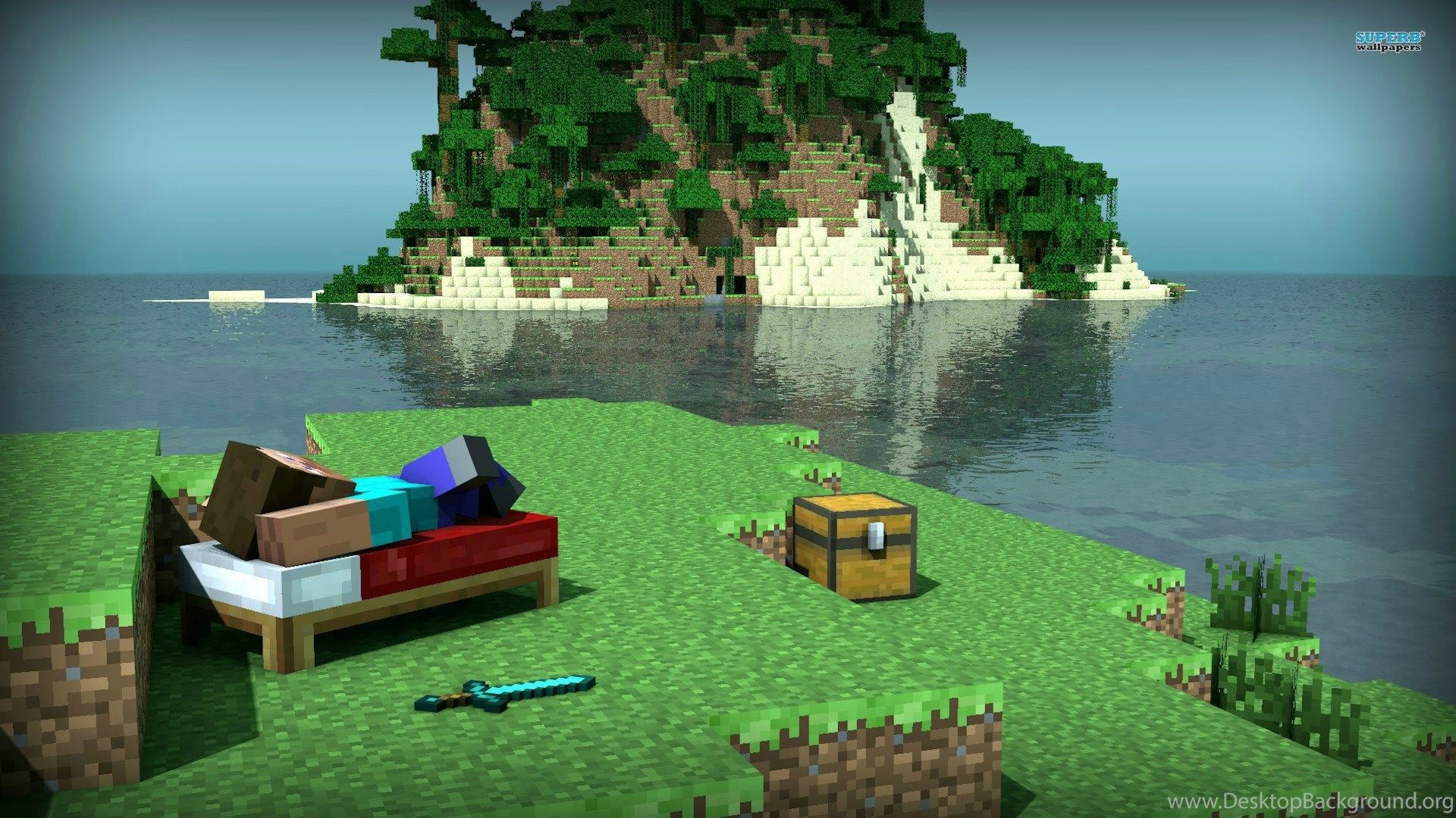 Isola Minecraft con letto e baule, 1920x1080 Full HD 1080p, Laptop