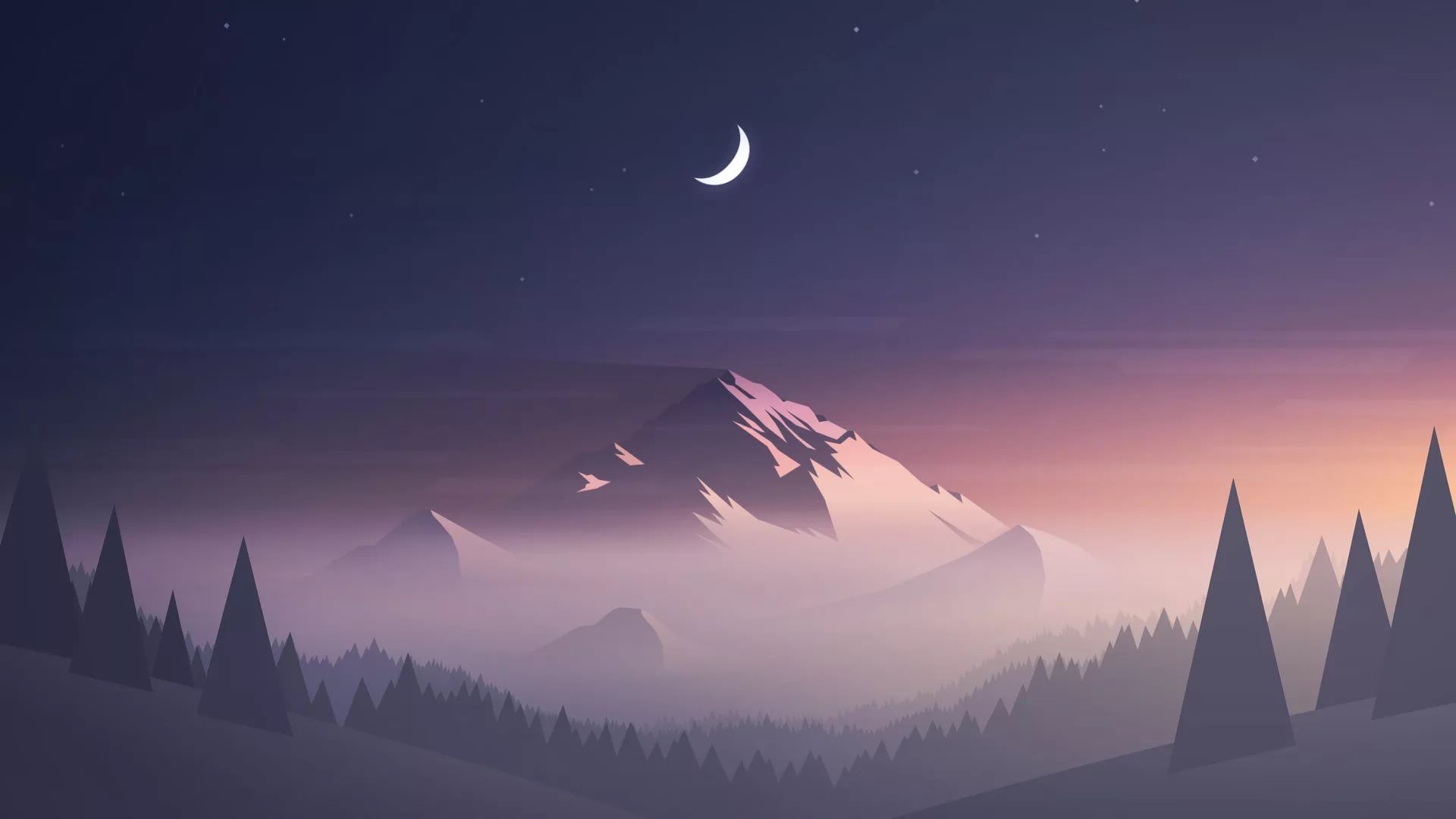 Montagna minimalista con luna crescente, 1920x1080 1080p, PC