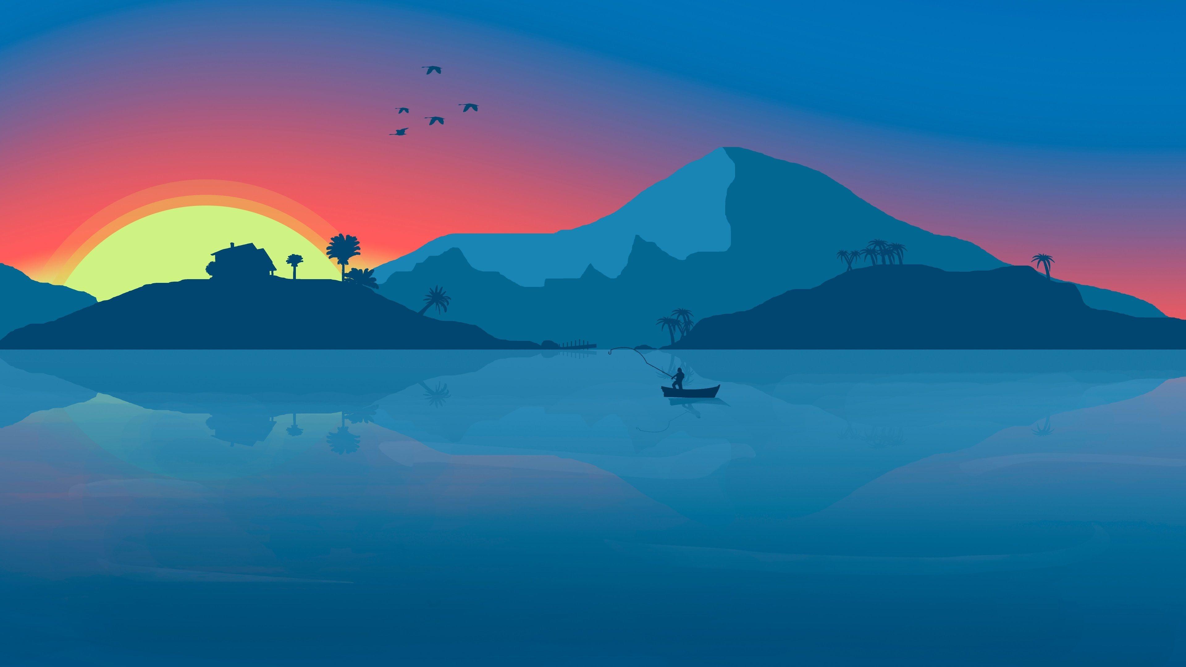 Tramonto minimalista montagna lago, 3840x2160 4K, Desktop 4K
