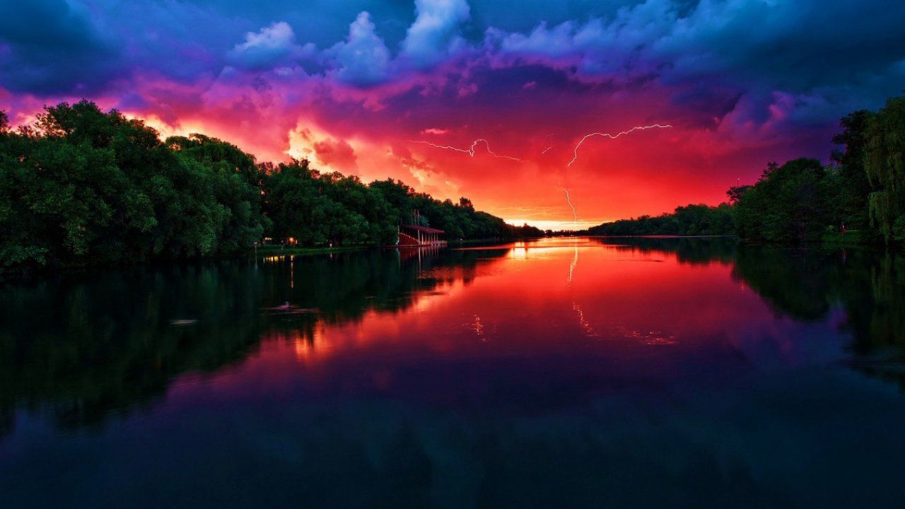 Tramonto rosso sul fiume, 1280x720 HD, PC Desktop