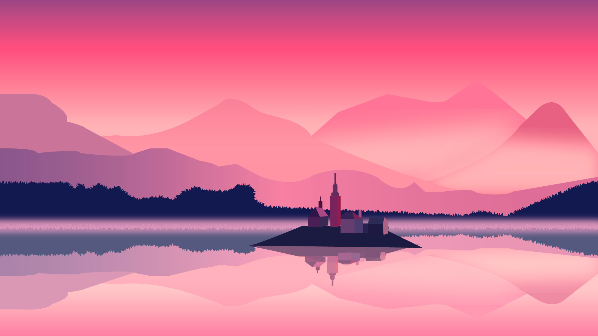 Isola con castello, montagne rosa, 1920x1080 Full HD, Desktop