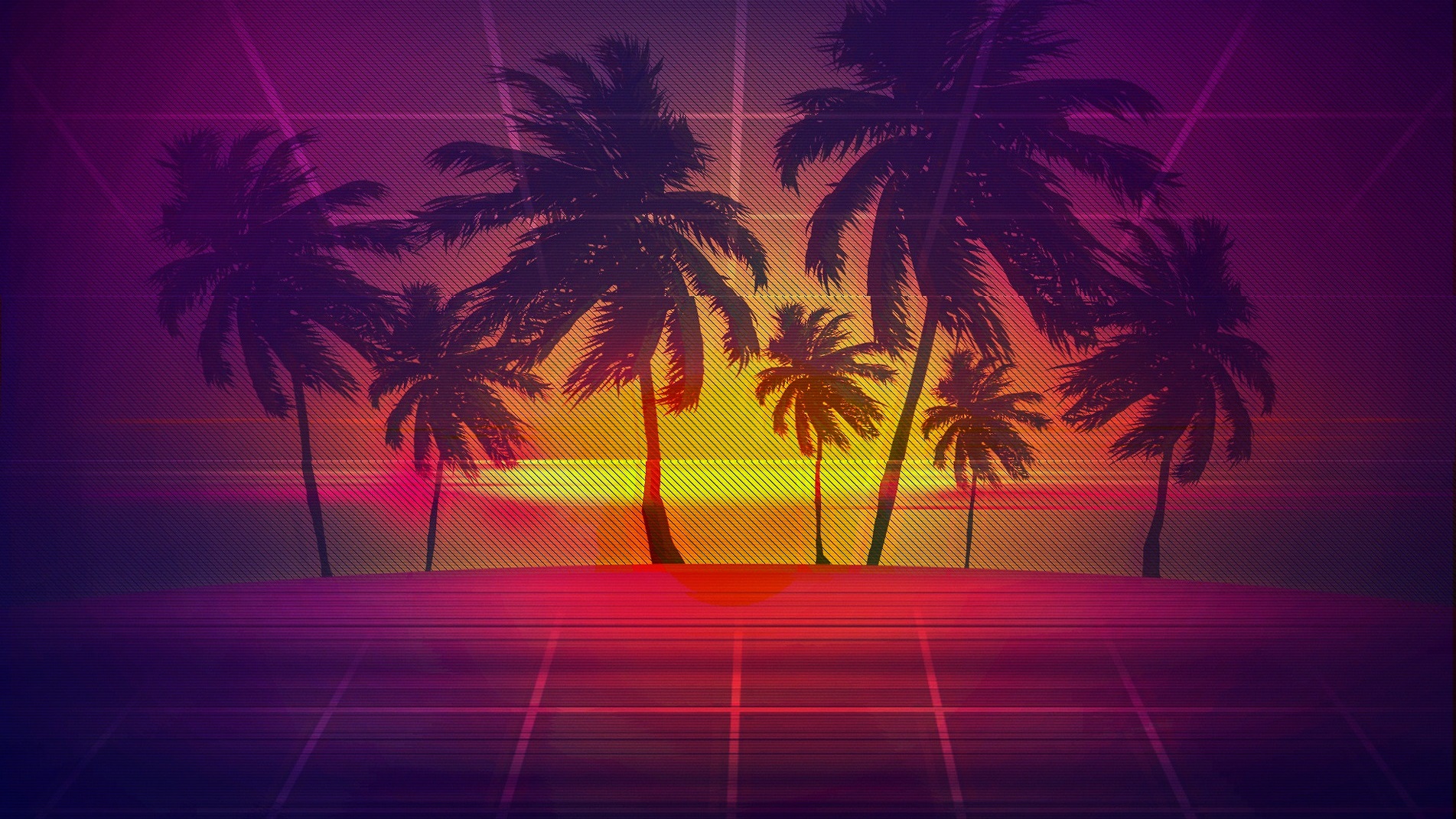Palme tramonto retrowave viola, 1903x1070 HD Ready, Desktop