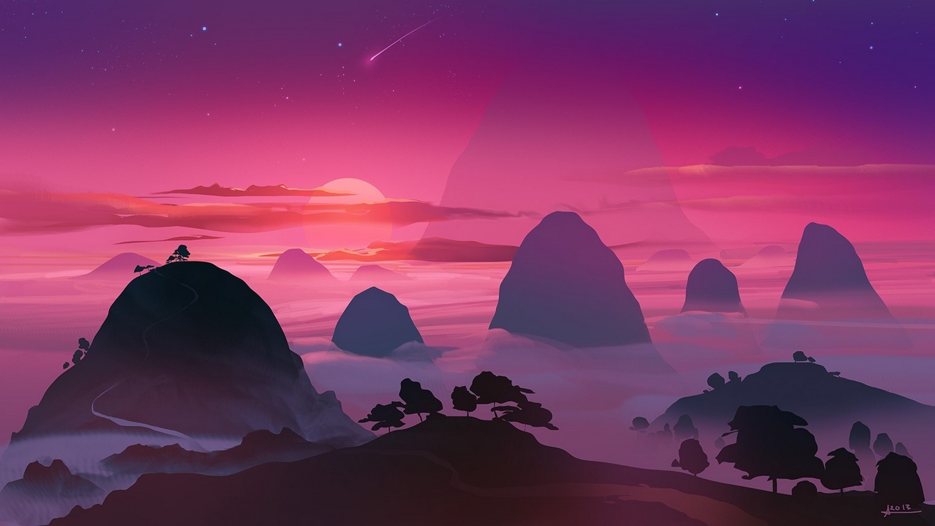 Montagne minimaliste tramonto rosa, 1920x1080 Full HD, Desktop