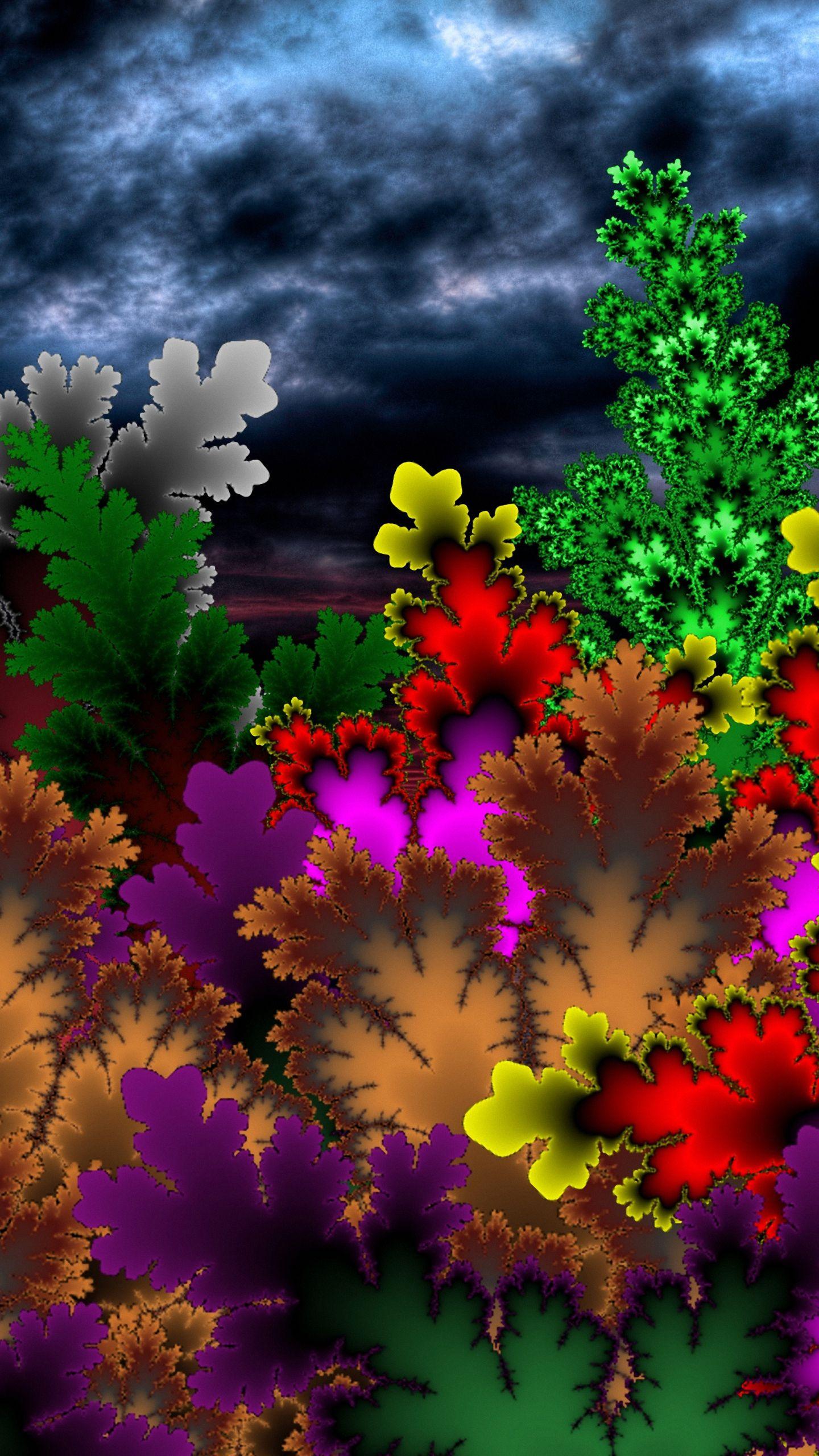 Piante frattali colorate cielo scuro, 1440x2560 Full HD Verticale, Smartphone