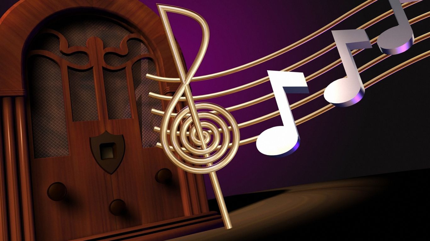 Radio vintage con note musicali 3D, 1366x768 720p, Laptop