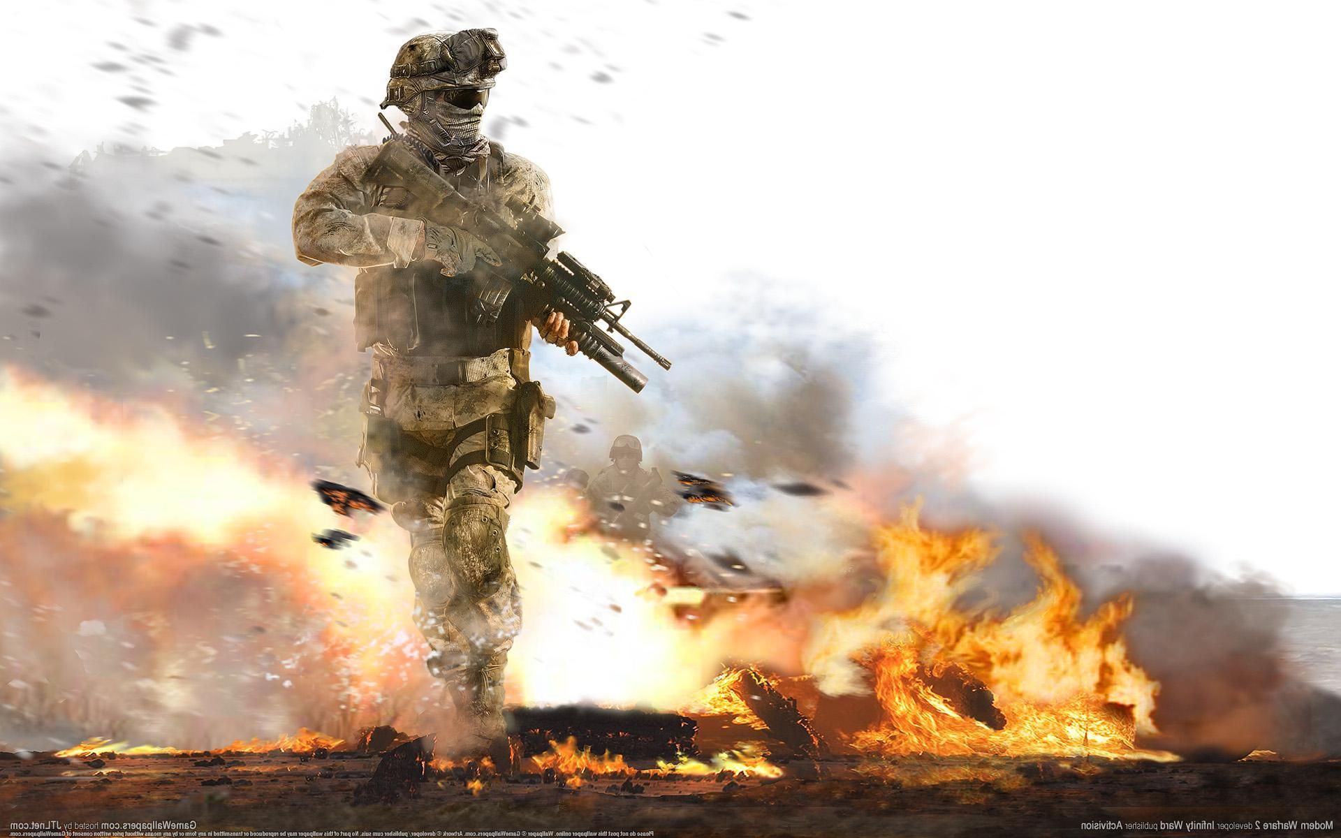 Soldato con fucile tra fiamme, 1920x1200 Full HD+, Desktop