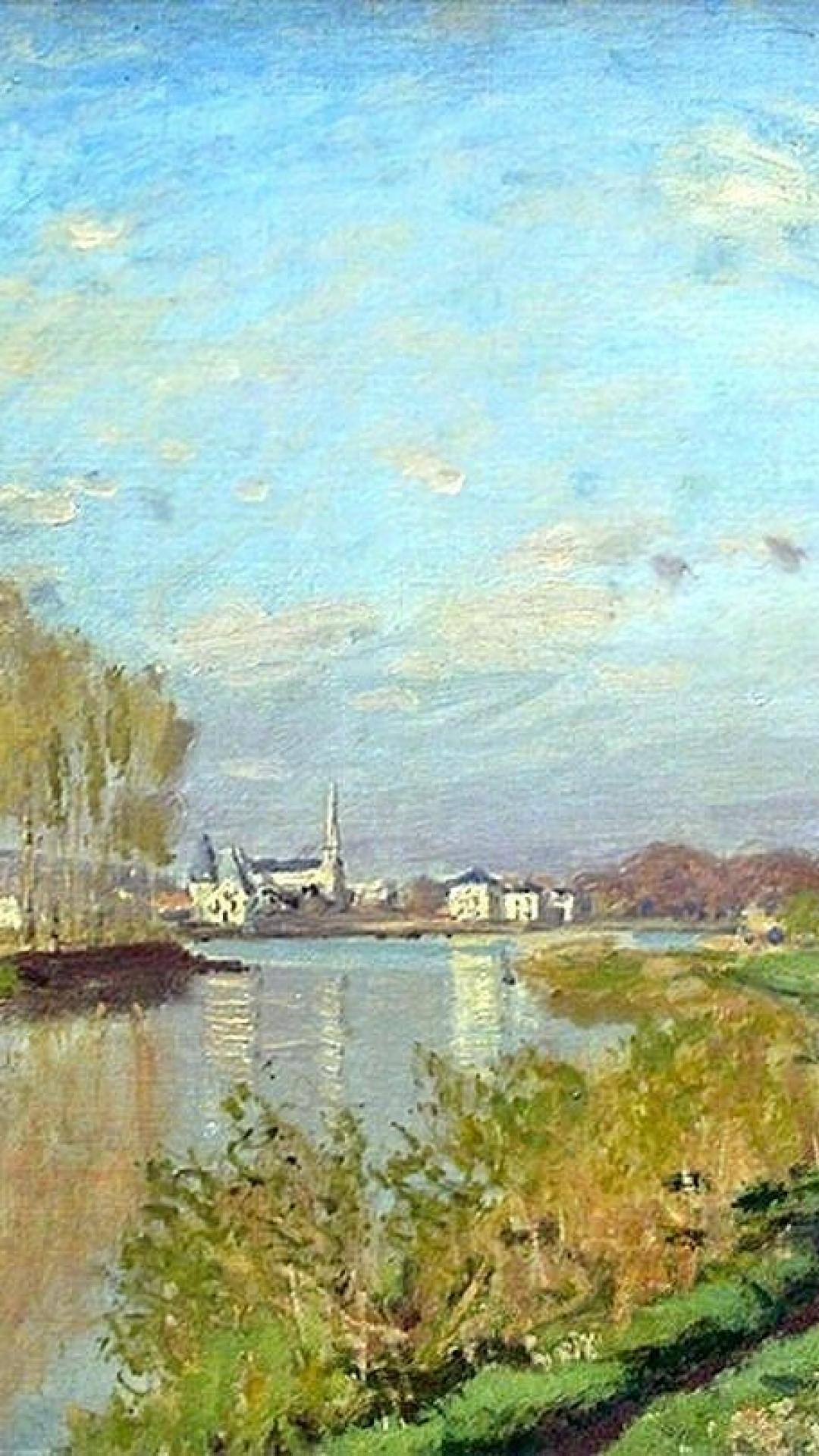 Paesaggio fluviale impressionista villaggio, 1080x1920 Verticale, Telefono