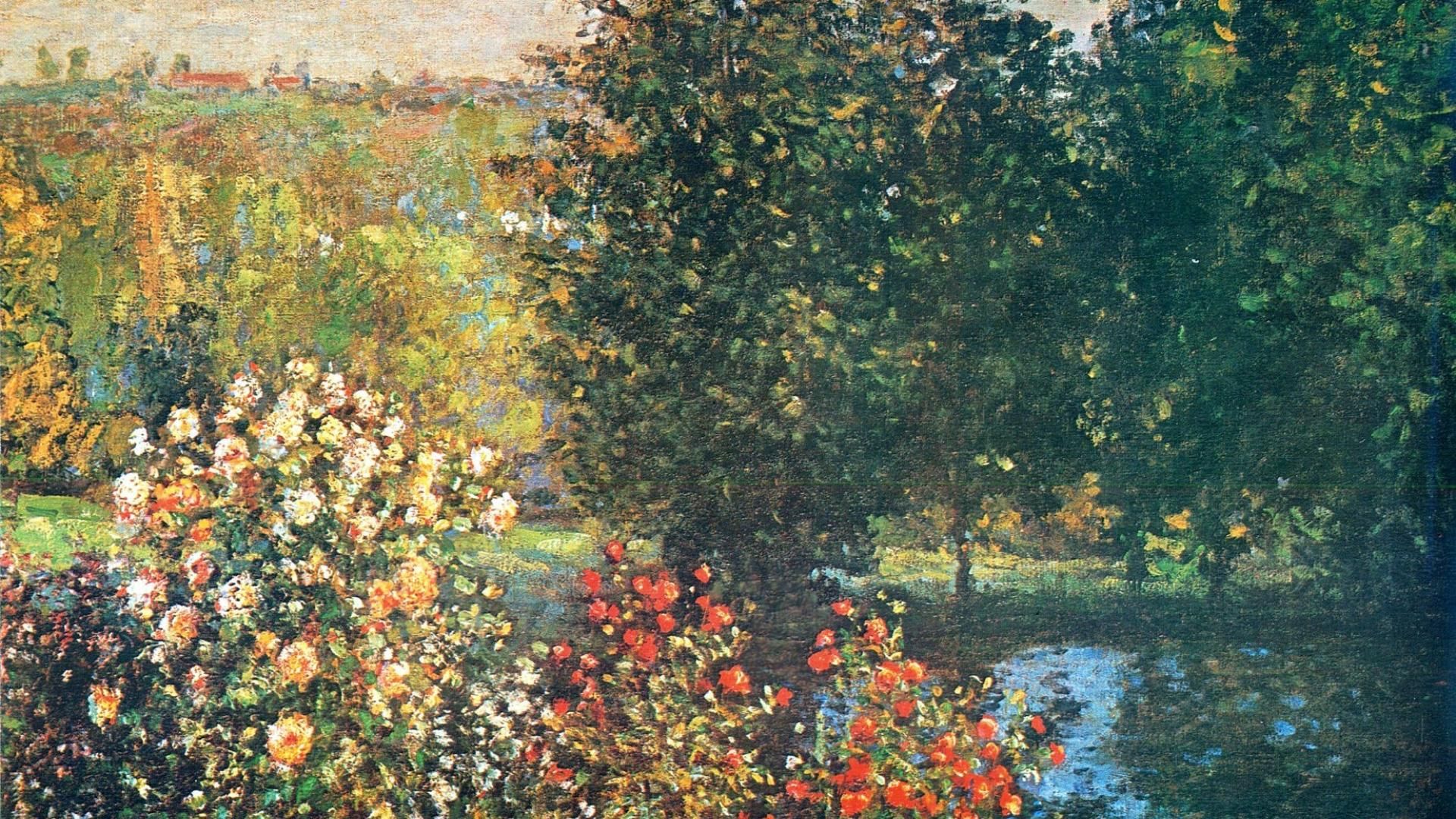 Giardino fiorito con laghetto, Monet, 1920x1080 1080p, PC Desktop