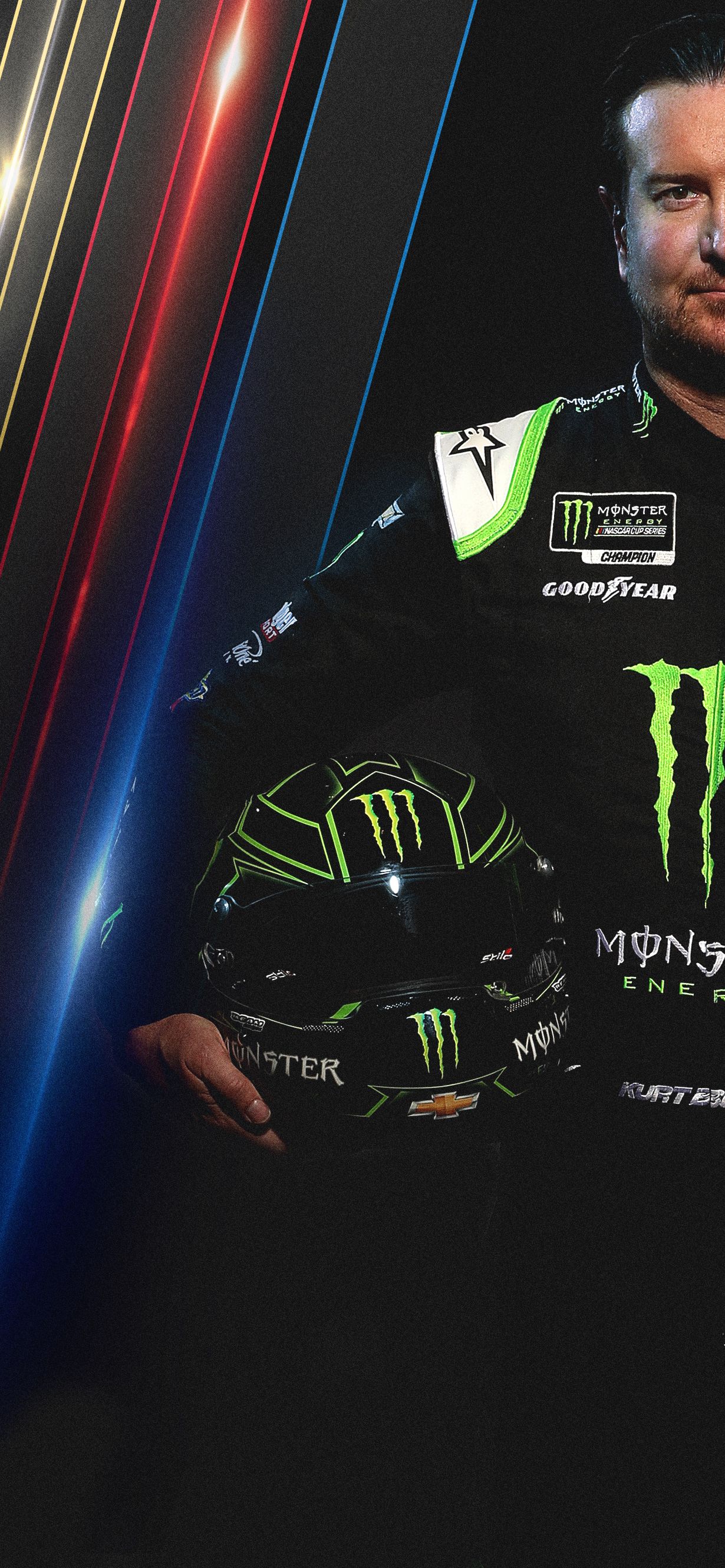 Pilota tuta Monster Energy casco, 1230x2662 Verticale, iPhone Air