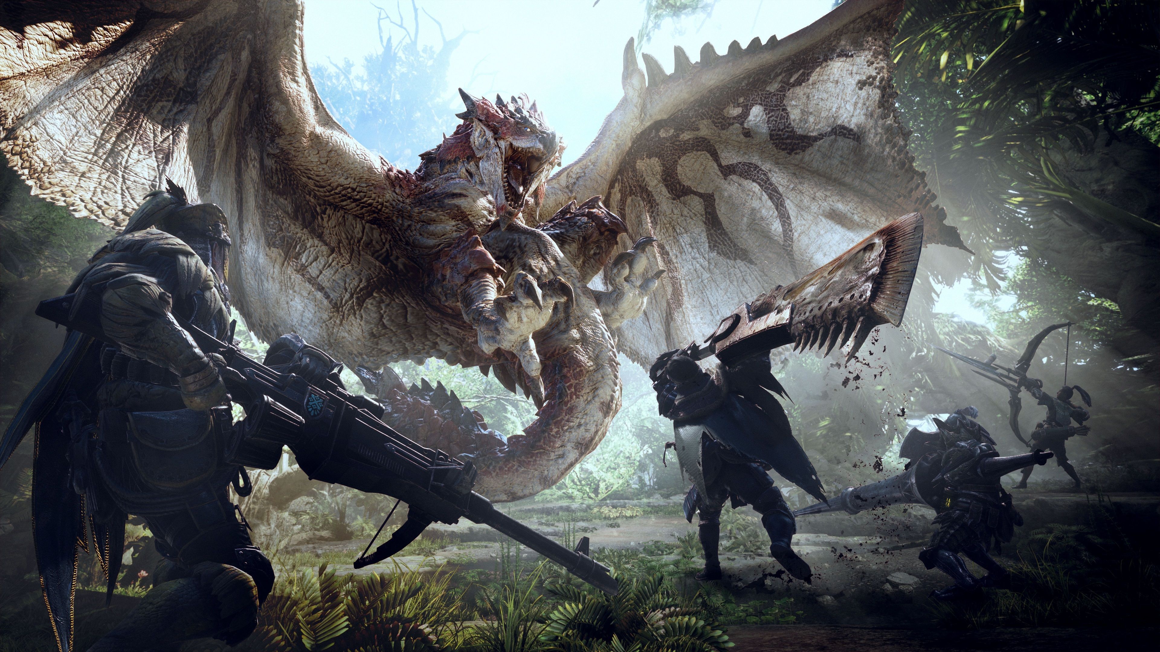 Cacciatori affrontano drago Rathalos foresta, 3840x2160 UHD, Monitor Gaming