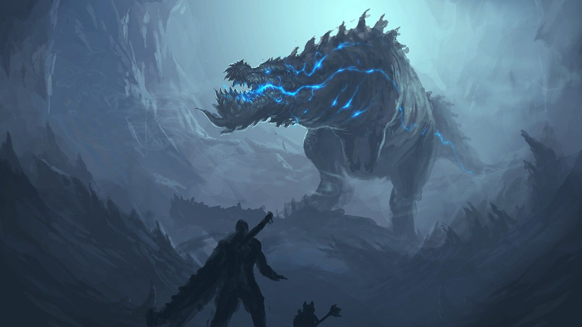 Cacciatore contro mostro drago blu, 1920x1080 Full HD 1080p, PC Desktop