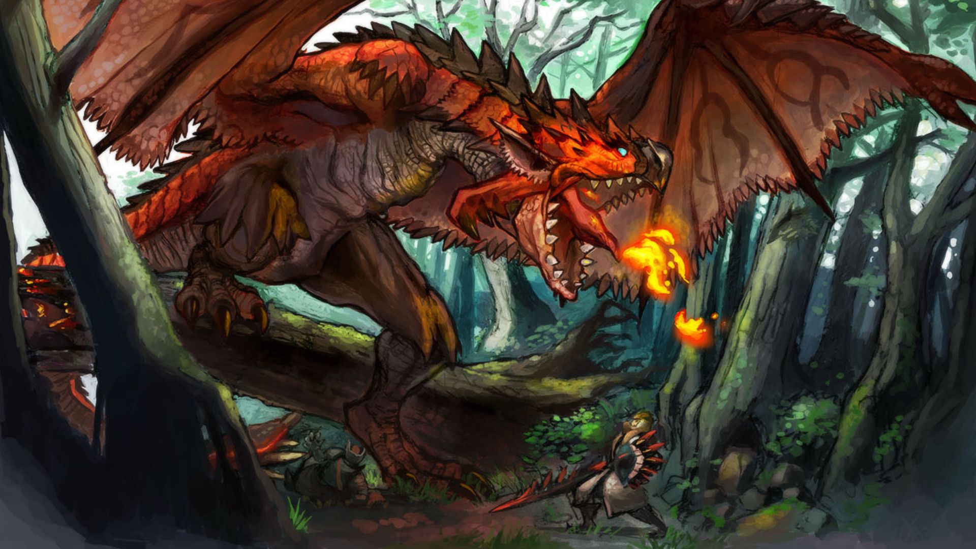 Drago rosso Monster Hunter foresta, 1920x1080 Full HD 1080p, PC Desktop