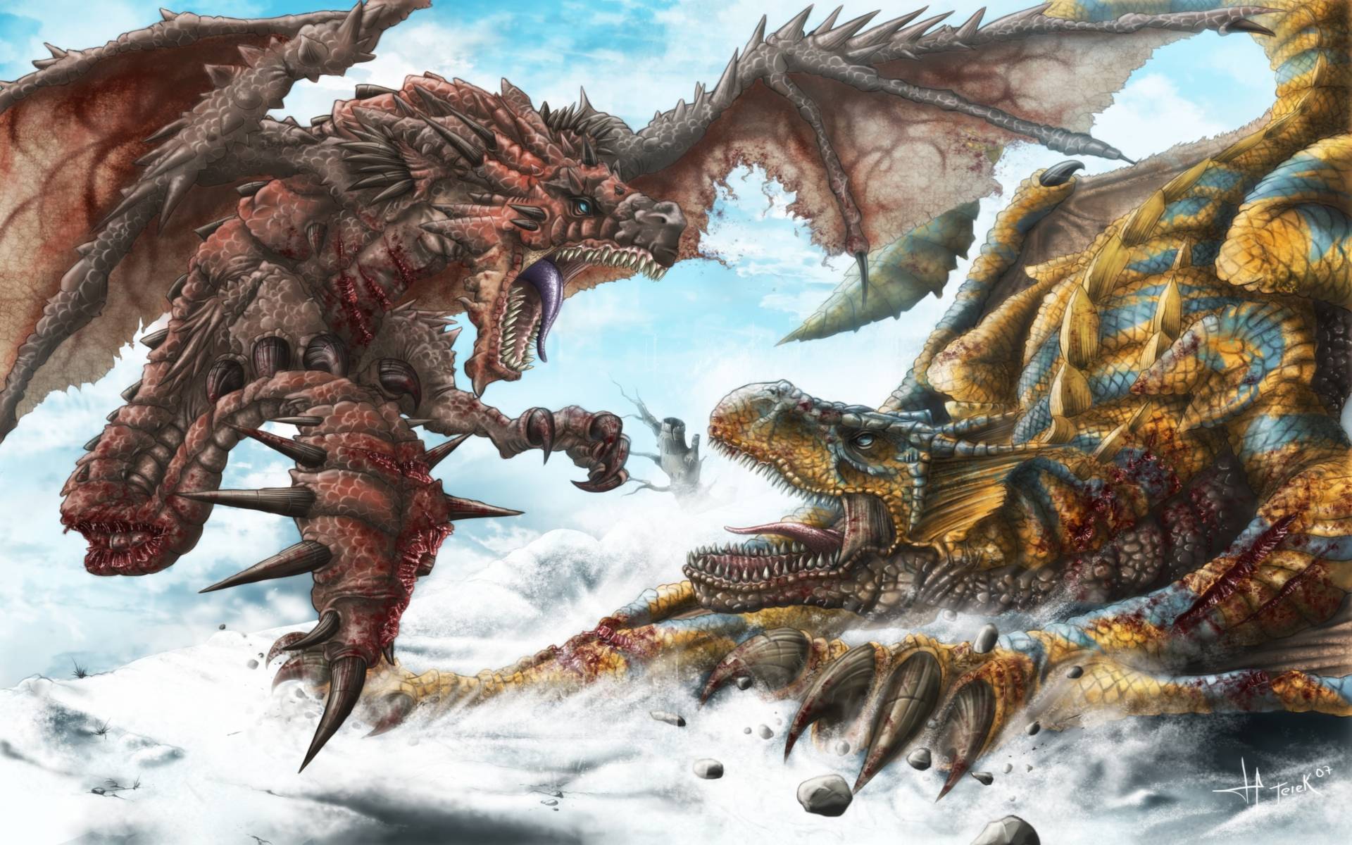 Draghi Monster Hunter combattono neve, 1920x1200 Full HD+, Desktop