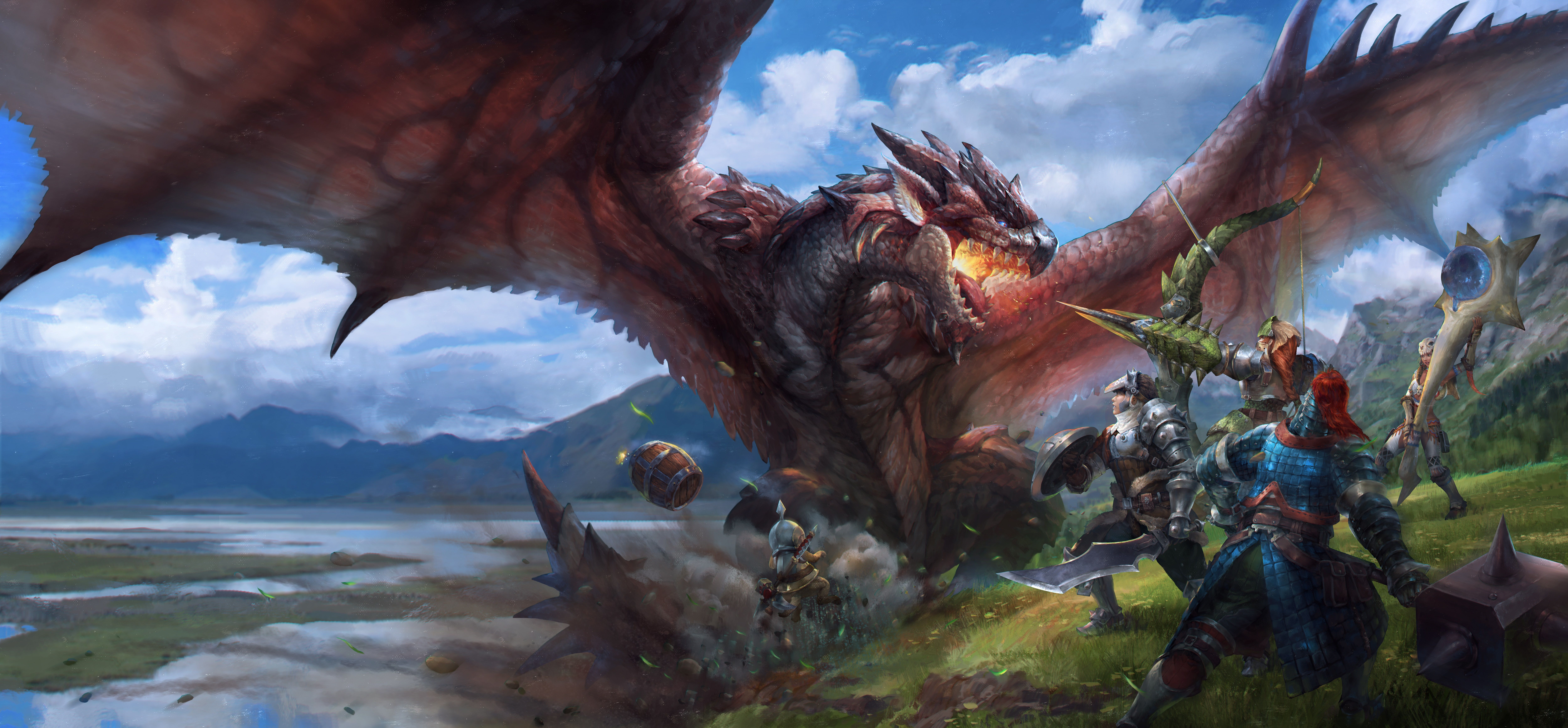 Cacciatori contro drago rosso Monster Hunter, 10000x4645 Ultra HD, PC