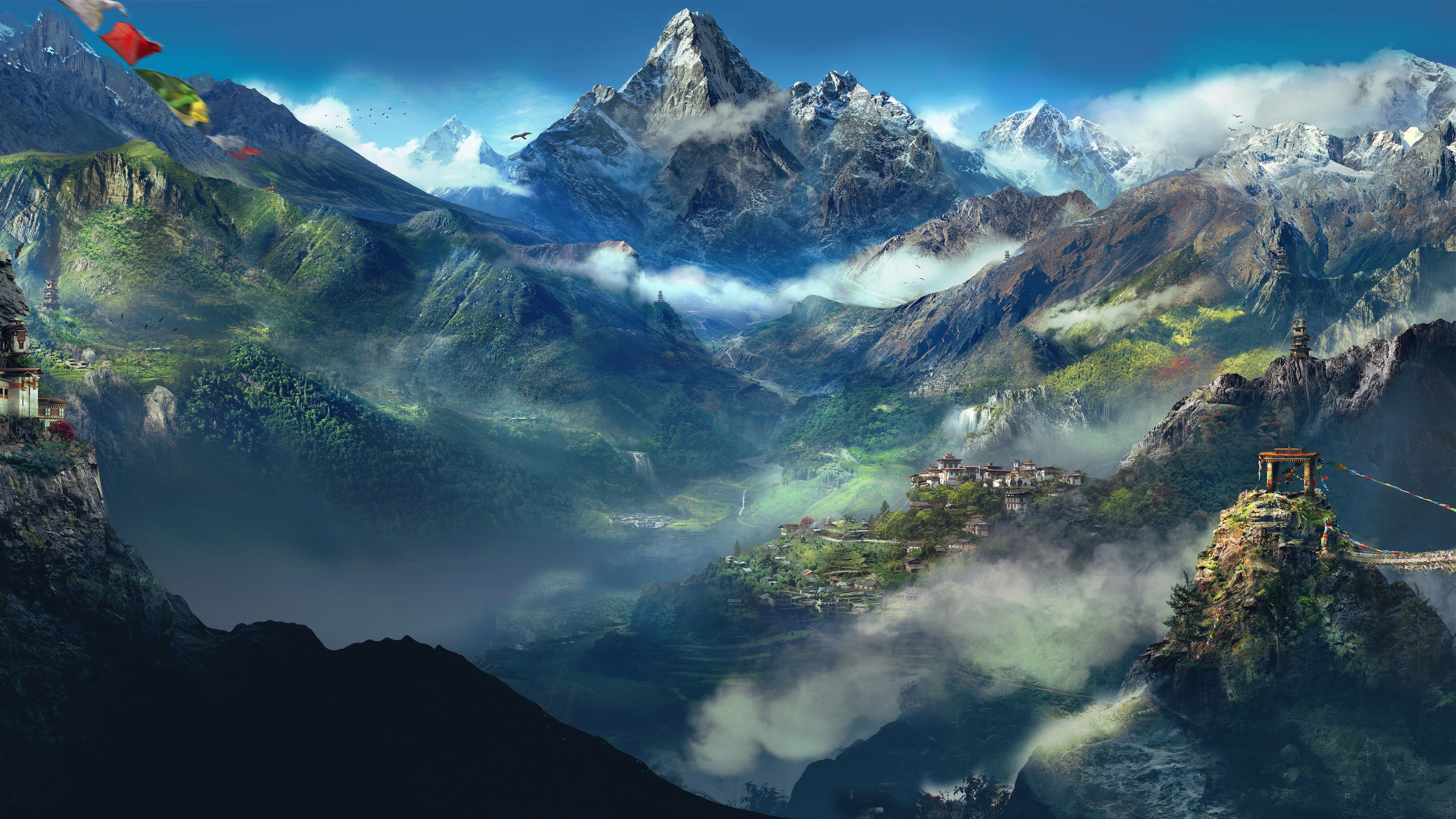 Montagne innevate con villaggio, 3840x2160 UHD, PC 4K