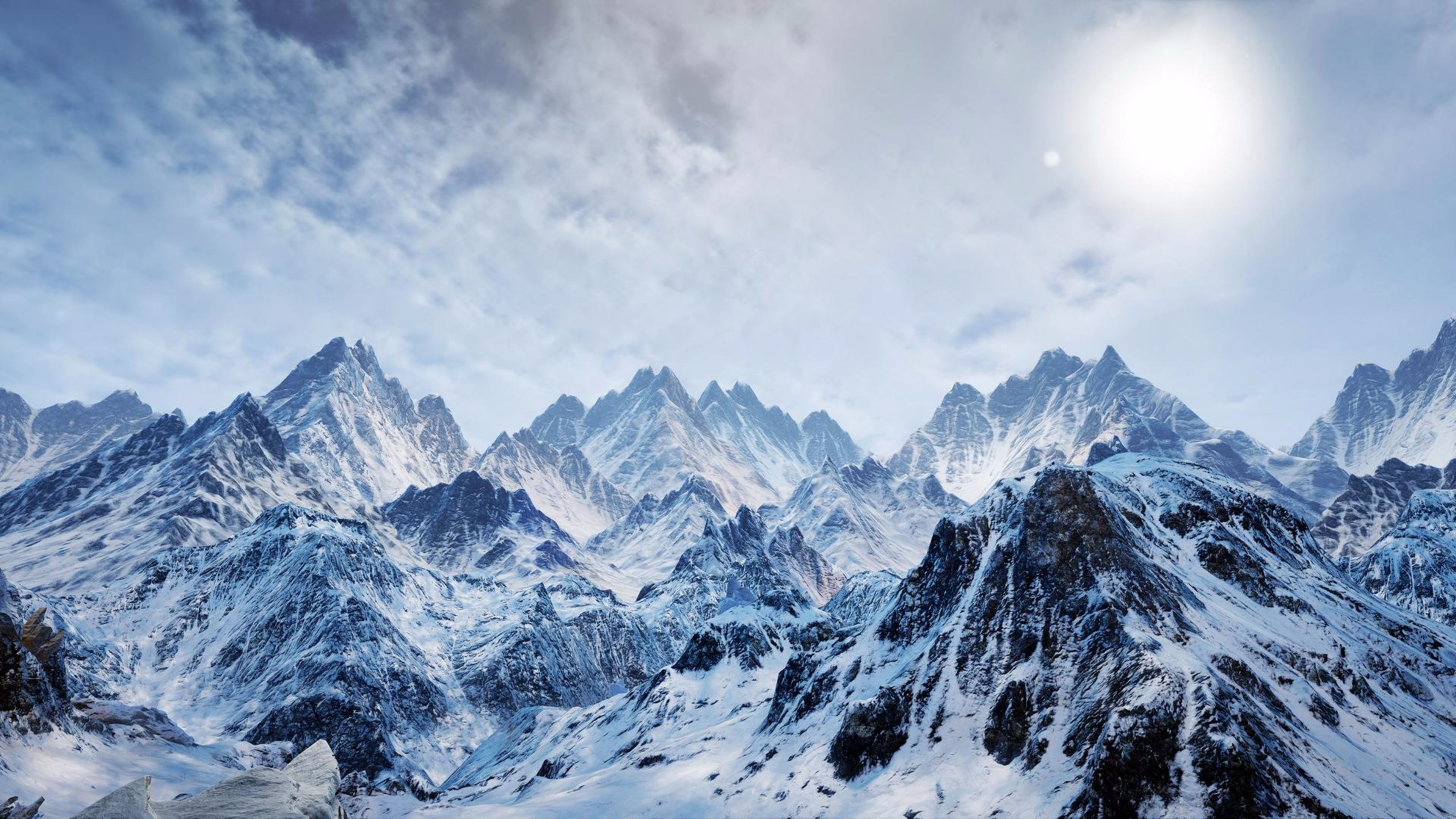 Montagne innevate con sole, 3840x2160 4K, Monitor 4K