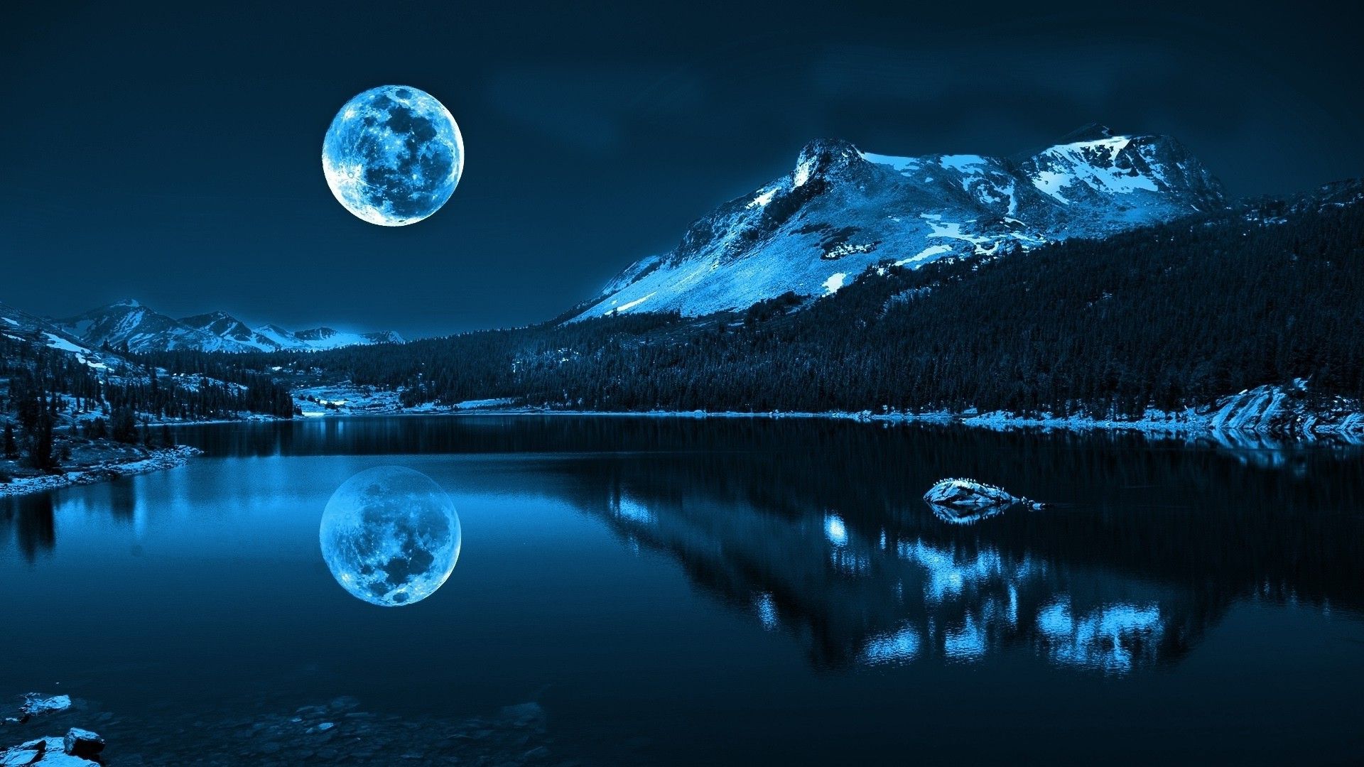 Montagne innevate con luna e lago, 1920x1080 1080p, Laptop