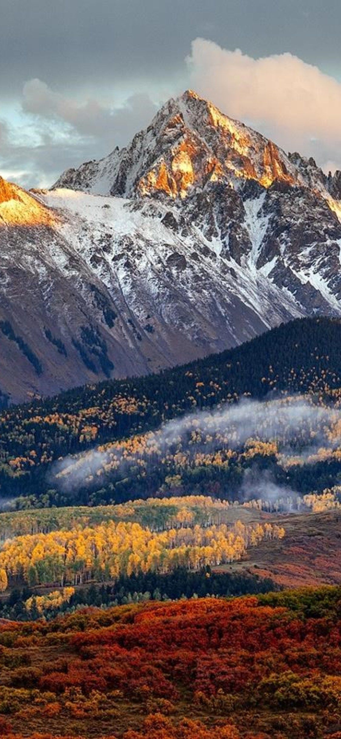 Montagna innevata con foresta autunnale, 1125x2436 Verticale, iPhone Air