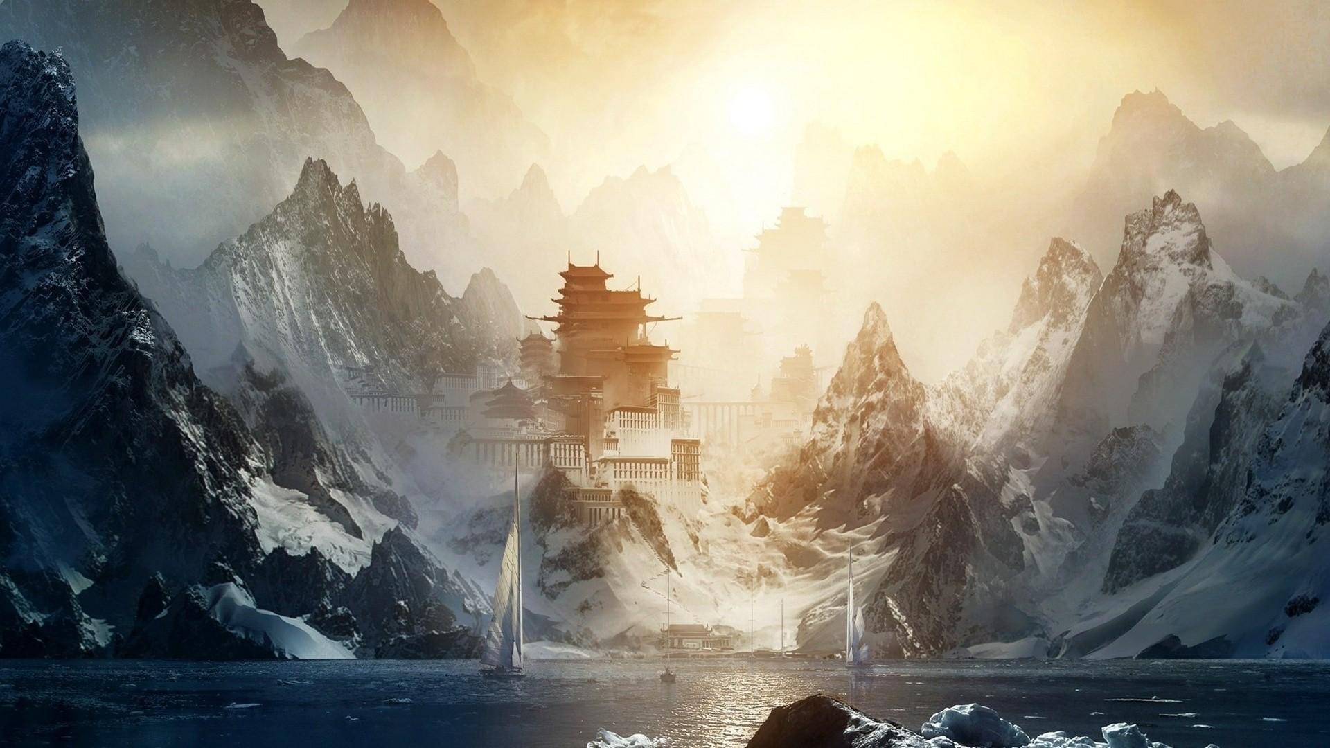 Tempio giapponese tra montagne innevate, 1920x1080 Full HD, Laptop