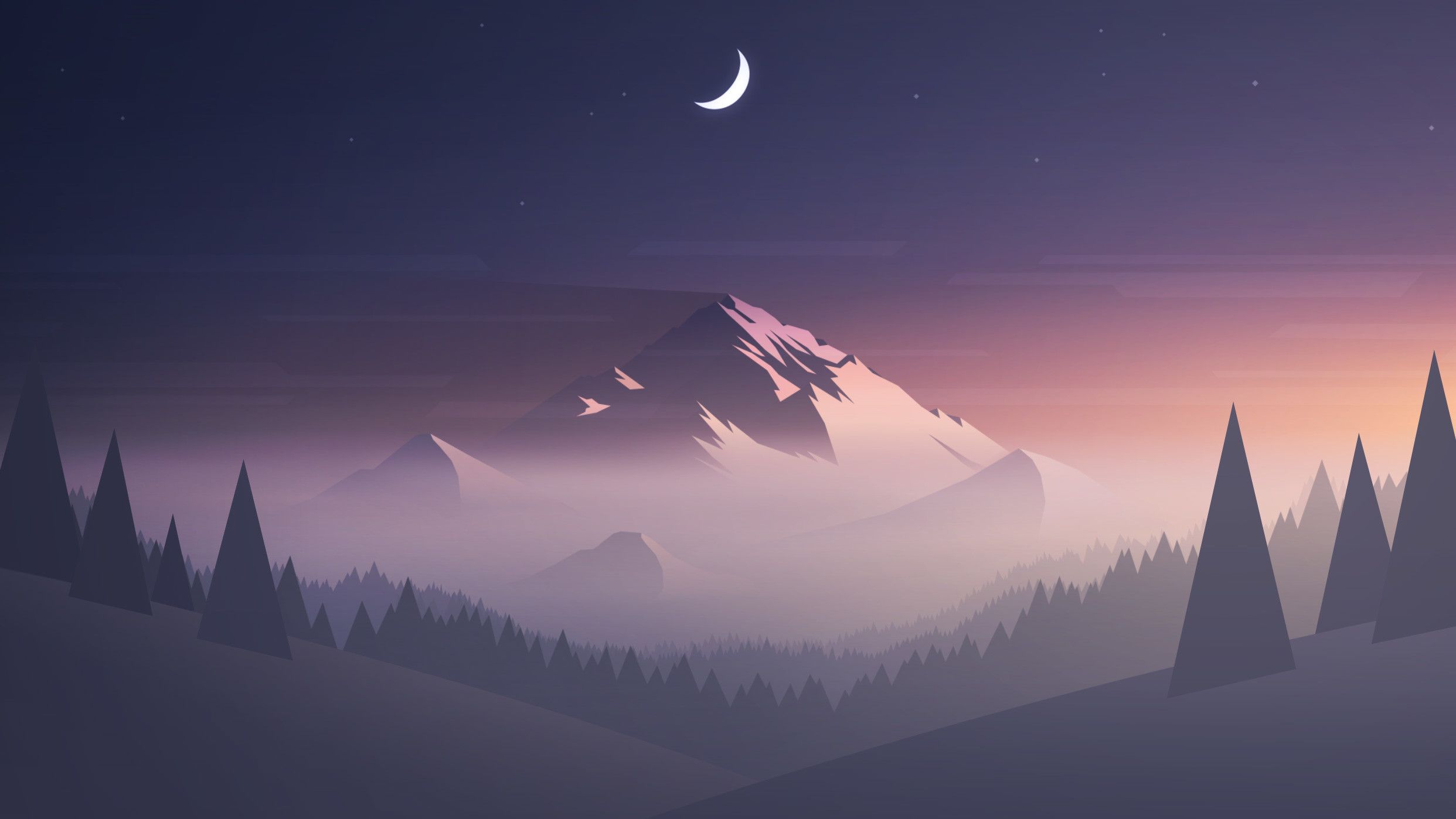 Montagna minimalista con luna crescente, 2484x1398 Hi-Res, Desktop