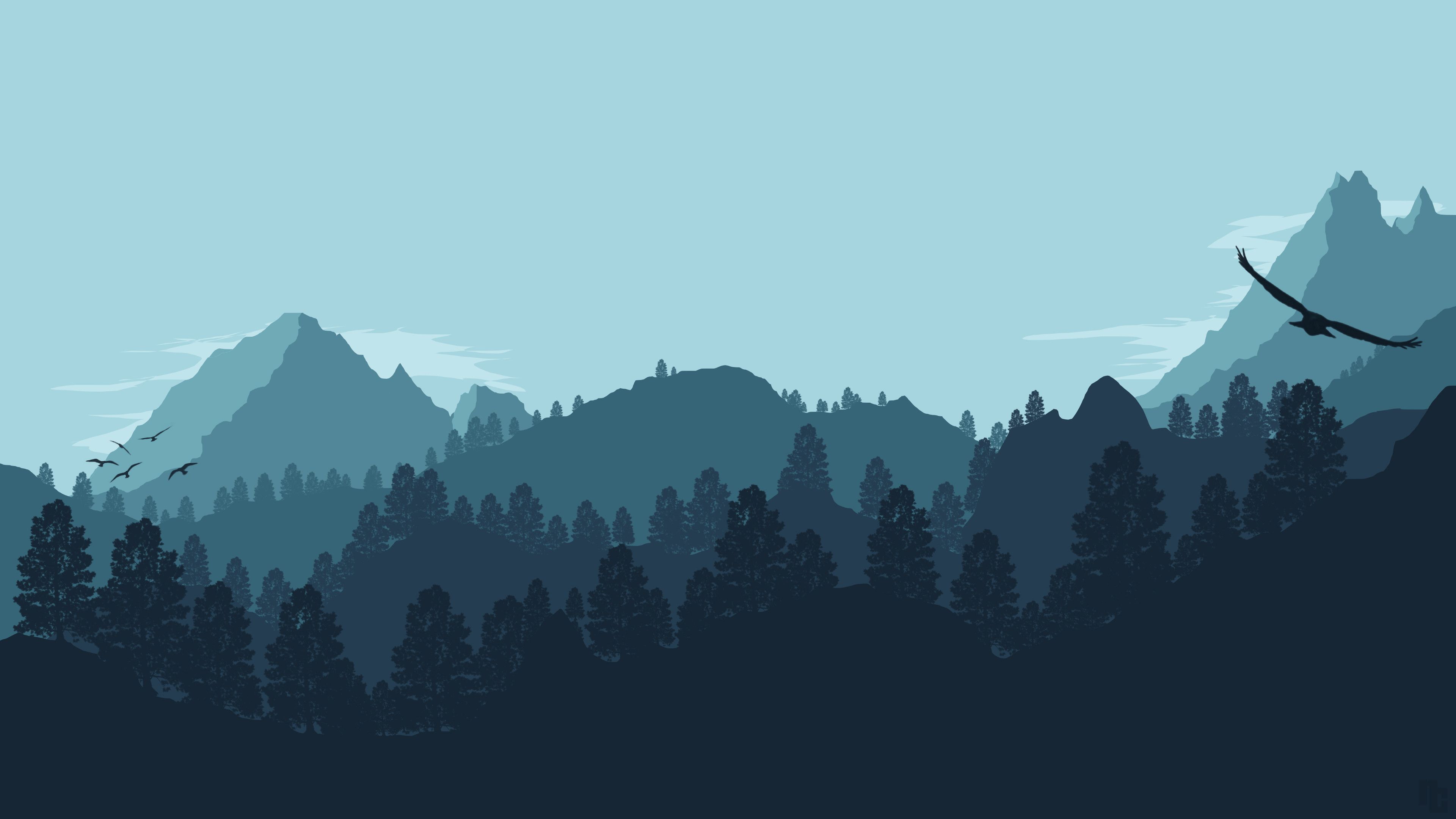 Montagne minimaliste blu con uccello, 3840x2160 UHD, PC 4K