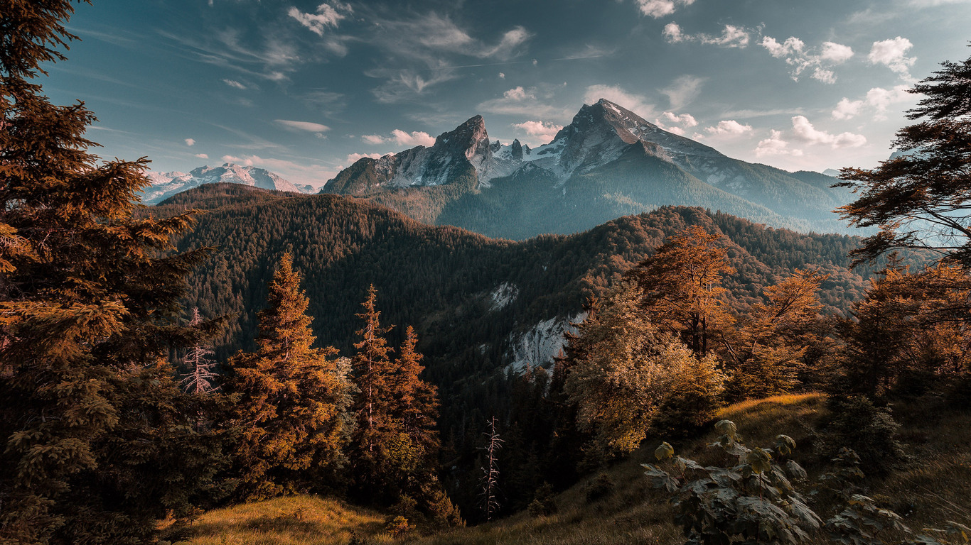 Montagne innevate con foresta autunnale, 1366x768 HD, Desktop