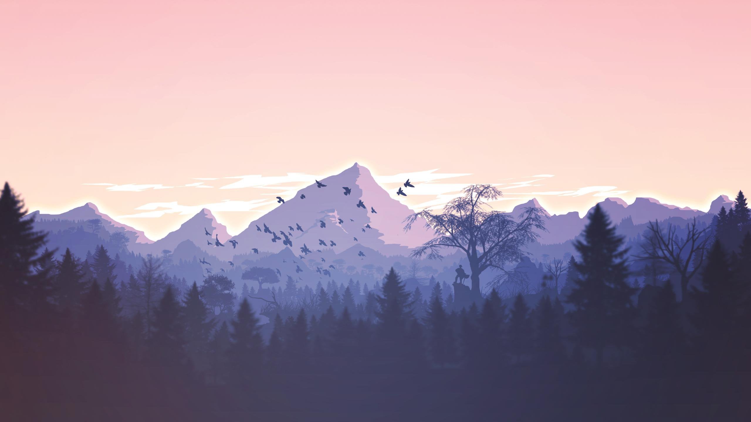 Montagne all'alba con uccelli, 2560x1440 2K, Monitor Gaming