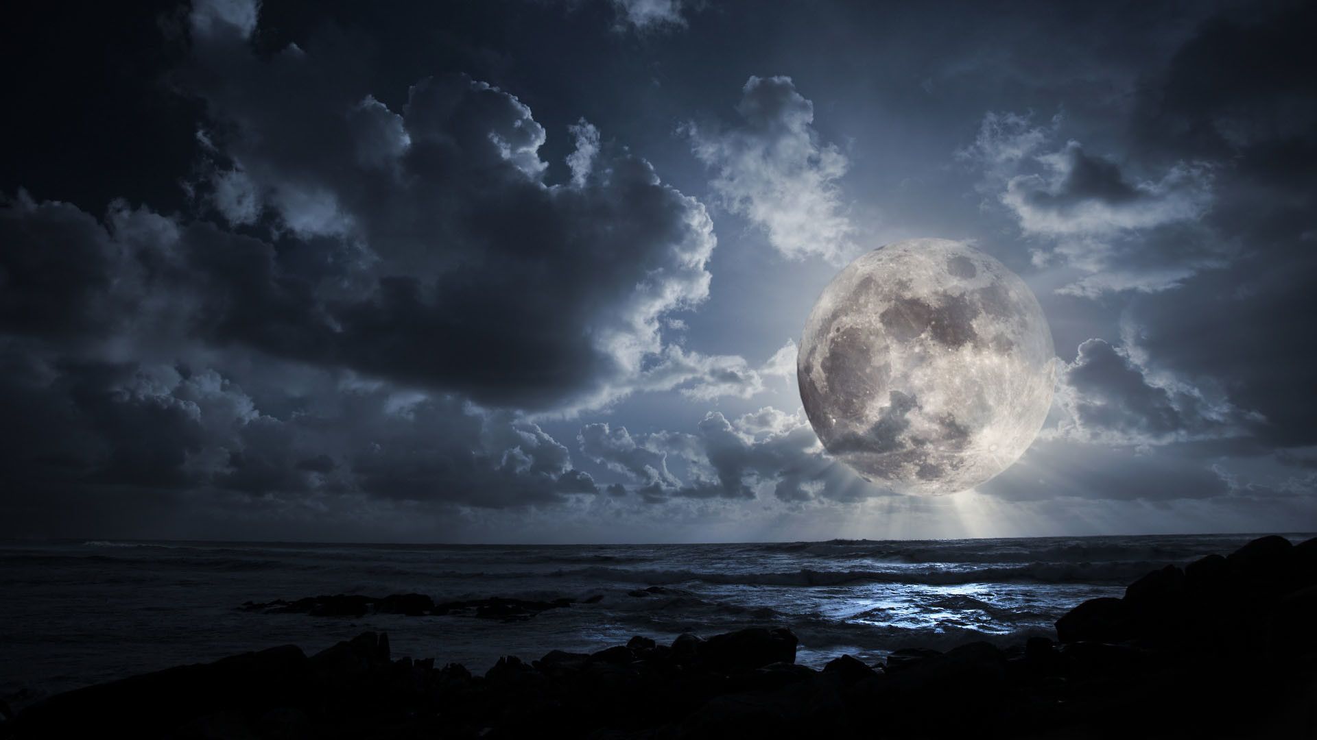 Luna piena su mare notturno, 1920x1080 Full HD 1080p, Desktop