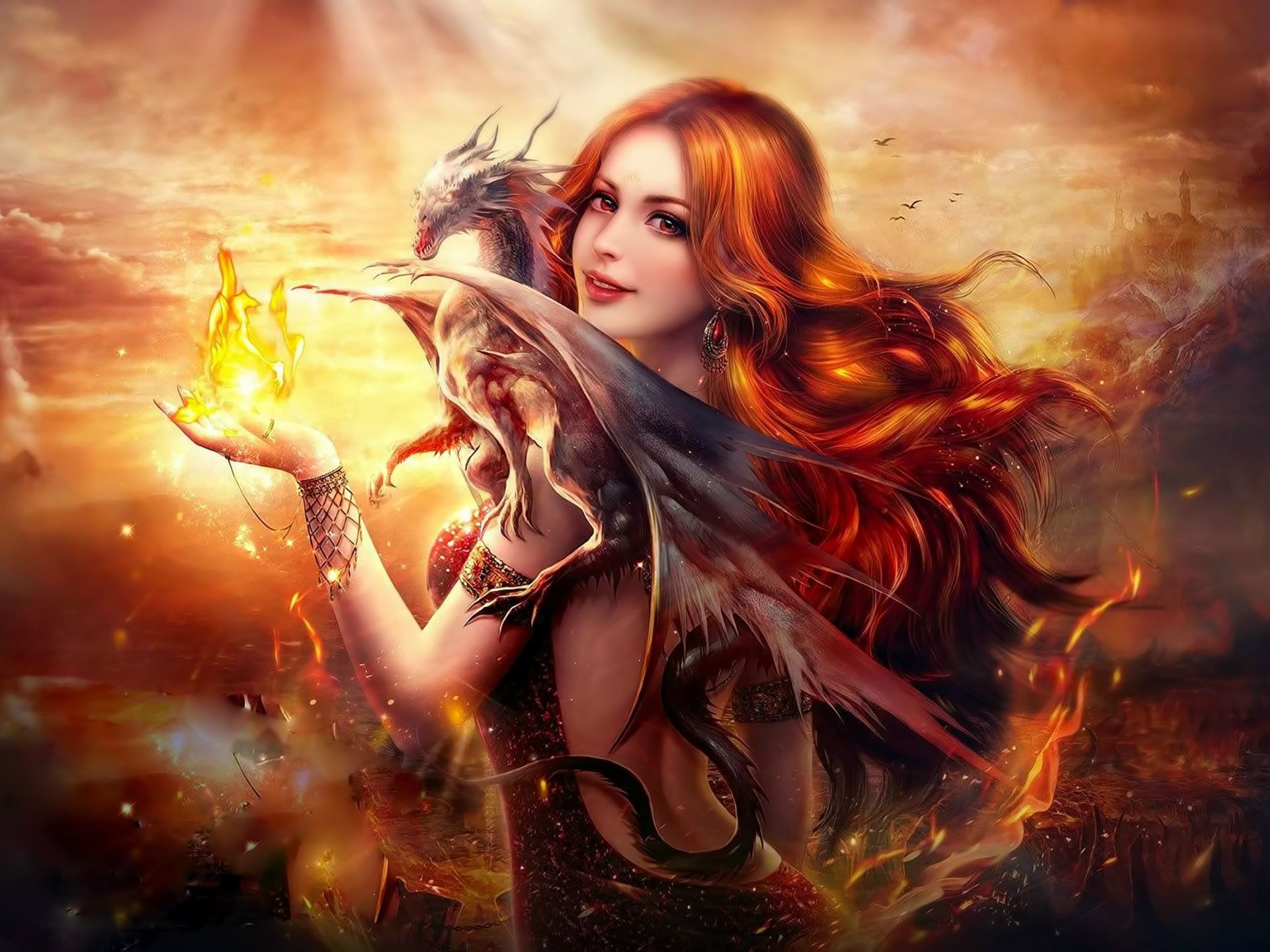 Ragazza rossa con drago di fuoco, 1920x1440 Full HD+, Desktop