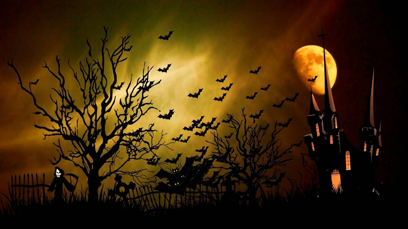 Castello pipistrelli luna Halloween, 1333x750 HD, Desktop