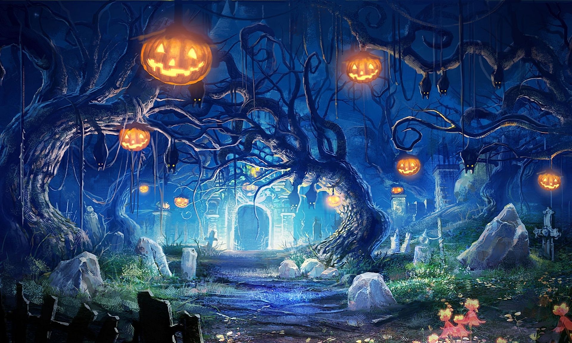 Zucche illuminate cimitero notturno, 1920x1152 Full HD, PC