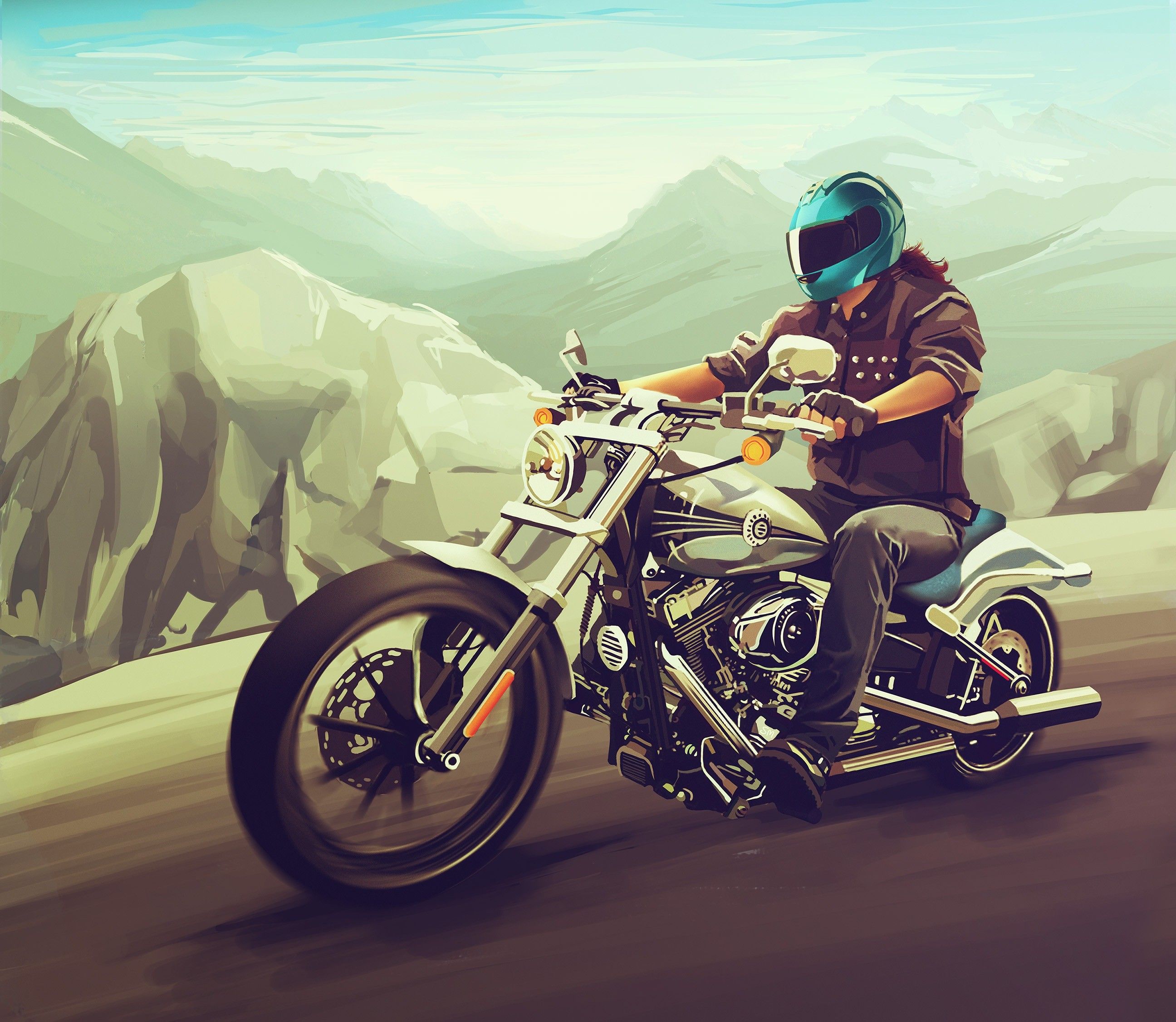 Motociclista con casco su moto custom, 2592x2252 2K+, PC